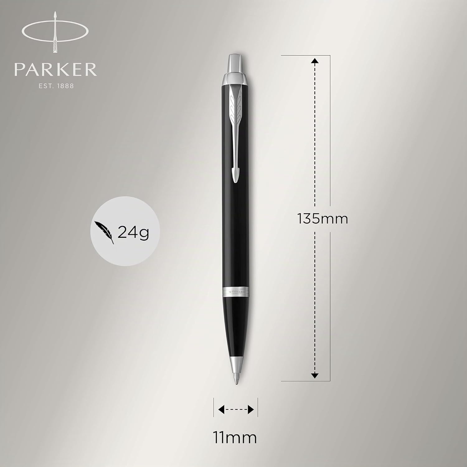 Detalle de Parker IM Kugelschreiber in Schwarz mit Chromteilen, mittlere Spitze und blauer Mine – in Geschenkbox