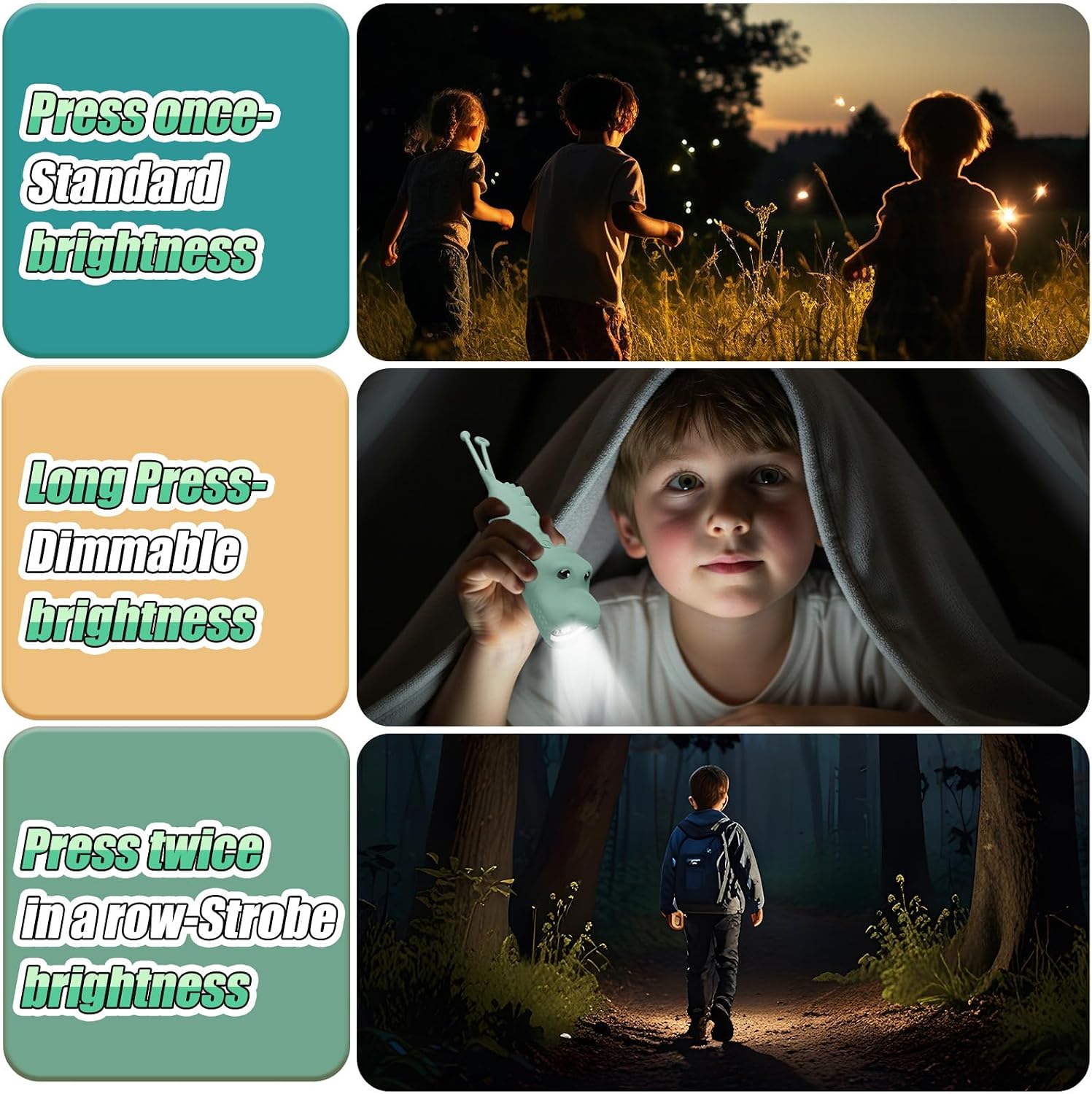 Detalle de ZKLiLi Dinosaur Outdoor aufladbare Kinder-Taschenlampe – Silikon, 3 Modi und USB‑C Laden