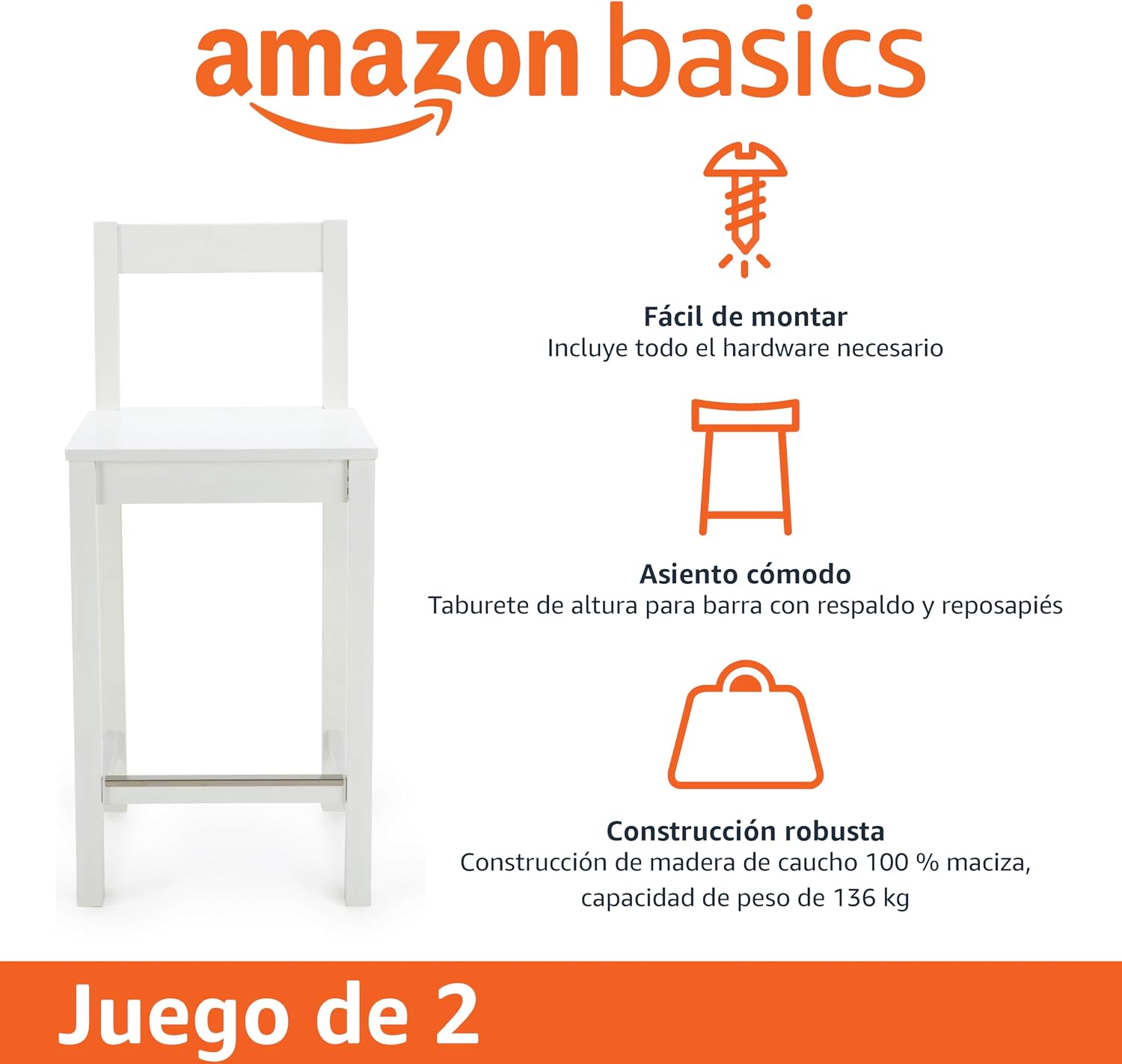 Detalle de Amazon Basics Taburetes de cocina de madera maciza blancas