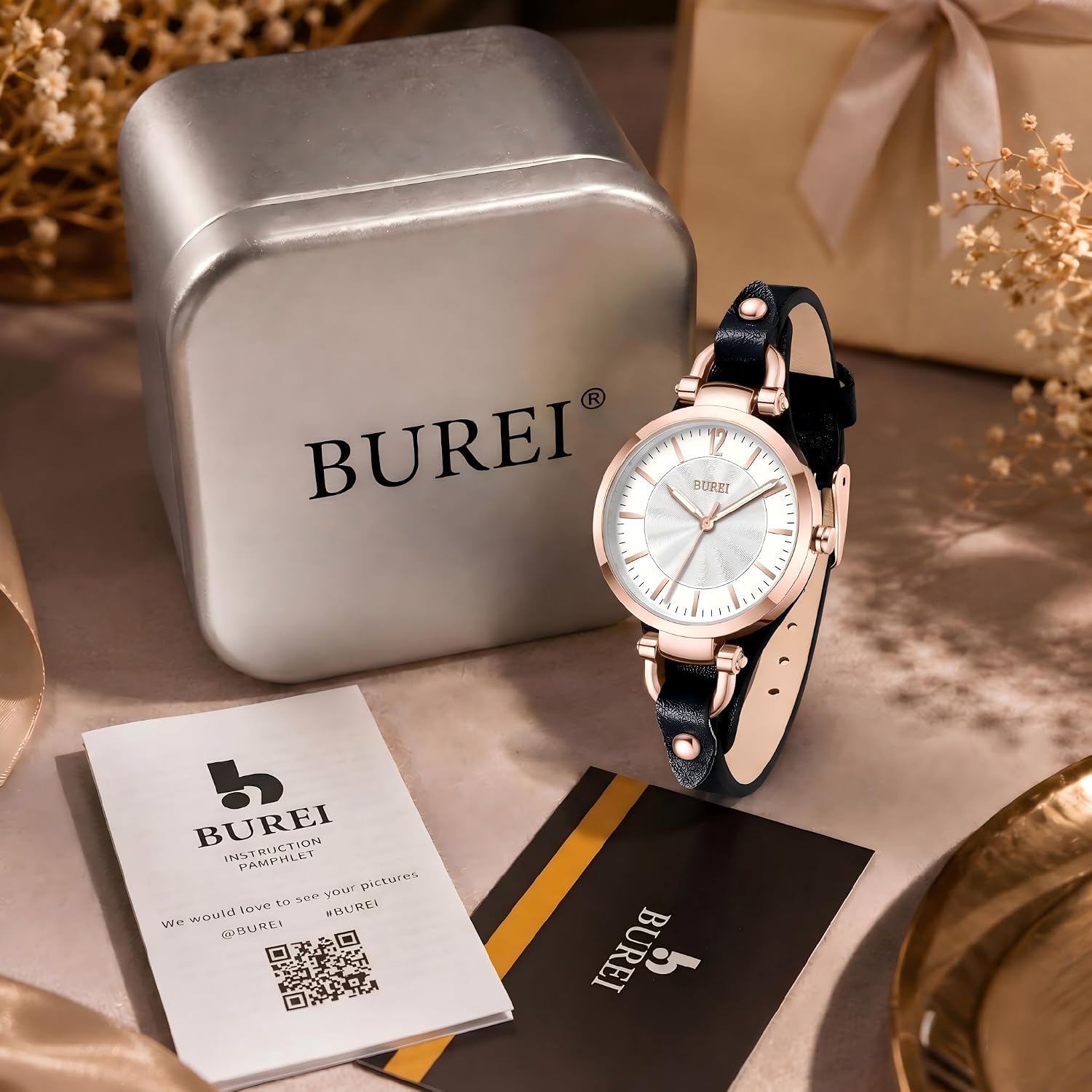 Detalle 2 de BUREI Montre bracelet en cuir pour femme – Élégante montre analogique quartz, bracelet 8 mm