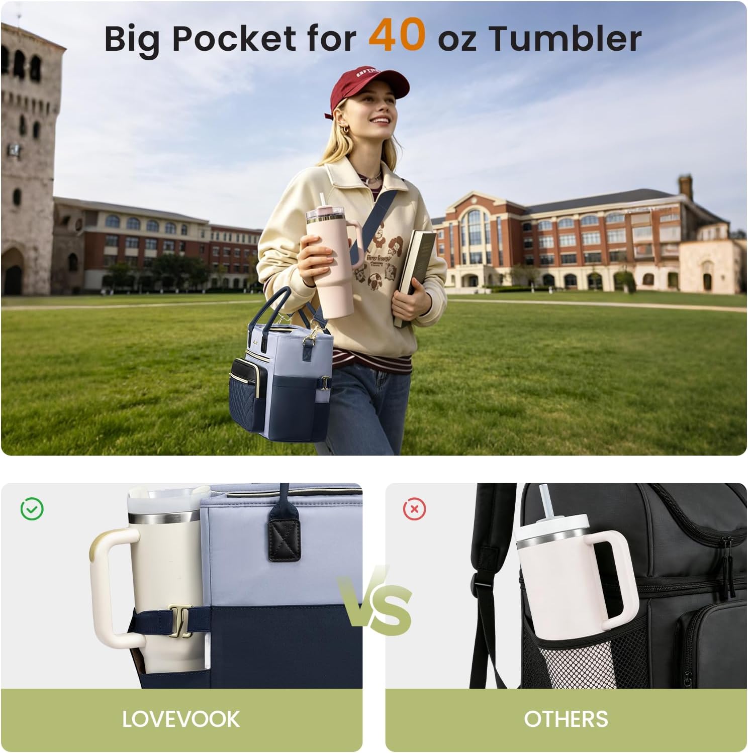 Detalle de LOVEVOOK Insulated Lunch Bag for Women with Wide Opening — Large 13L/18L, Leakproof Cooler with Cup Holder Pocket
