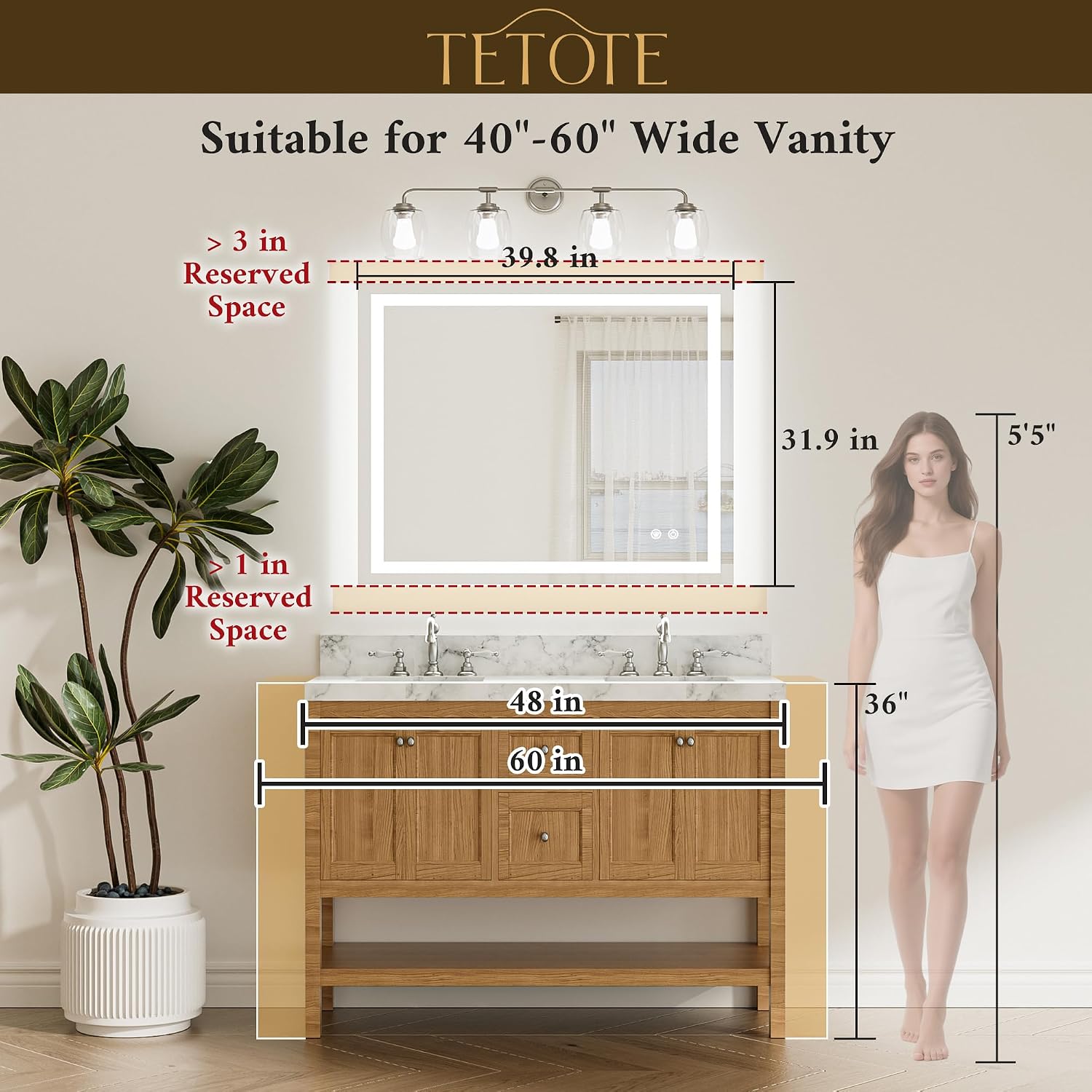 Thumbnail 6 de TETOTE 40" x 32" LED Bathroom Mirror, Anti-Fog, 3-Colour Dimming