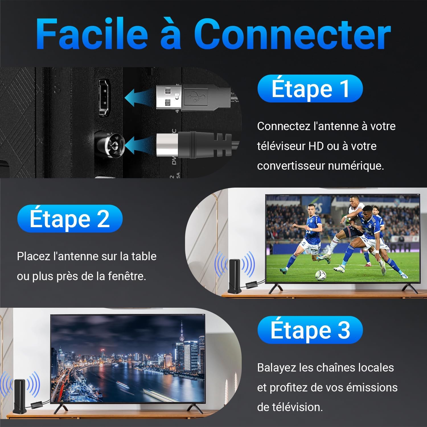 Thumbnail 5 de Antenne TV Intérieure Puissante 2026 — 460+ KM, Réception 360°, Amplificateur à Haut Gain
