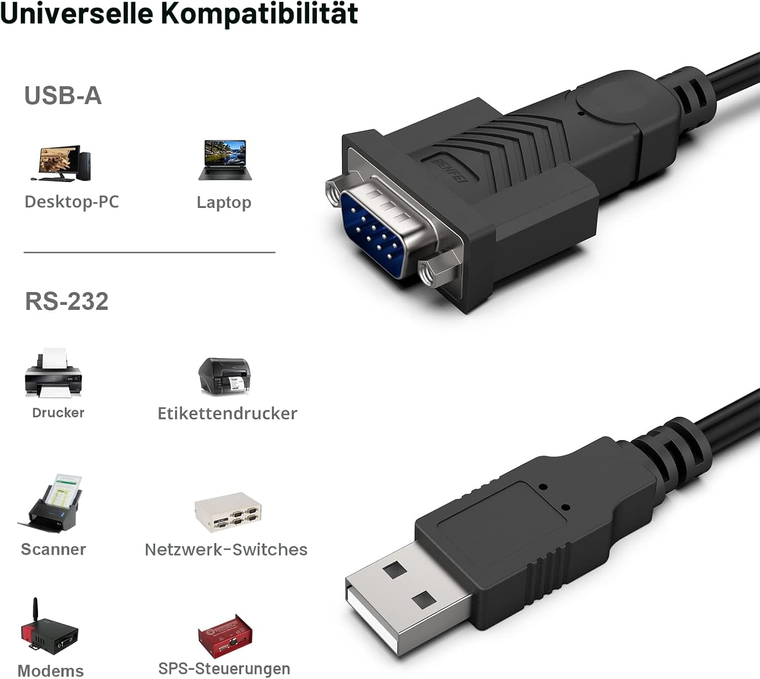 Detalle de BENFEI USB-zu-RS232-Seriellkabel mit DB9 (PL2303) und 1,8 m Länge