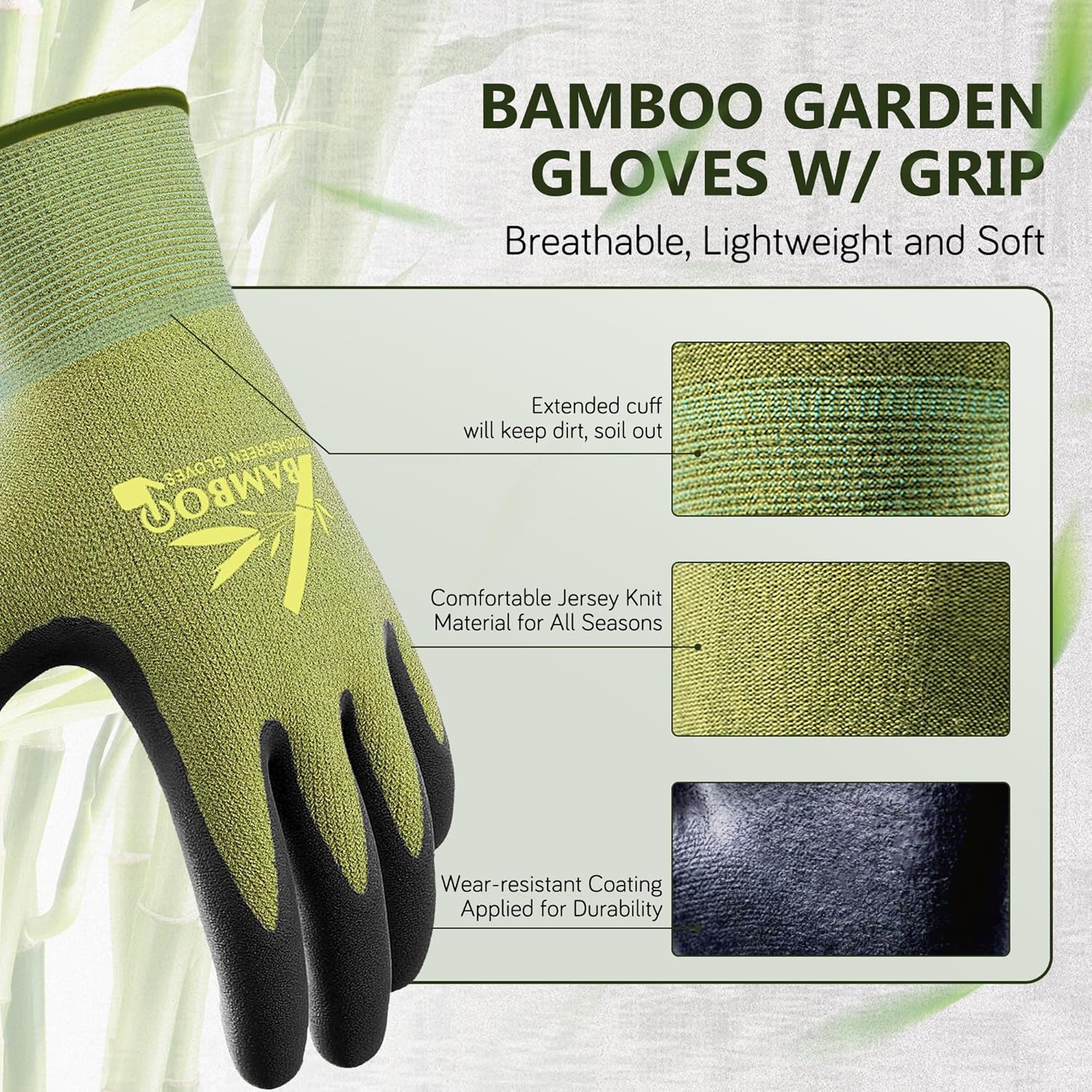 Thumbnail 2 de COOLJOB Bamboo Gardening Gloves with Nitrile Coating & Touchscreen (2 Pairs) – Green, Medium