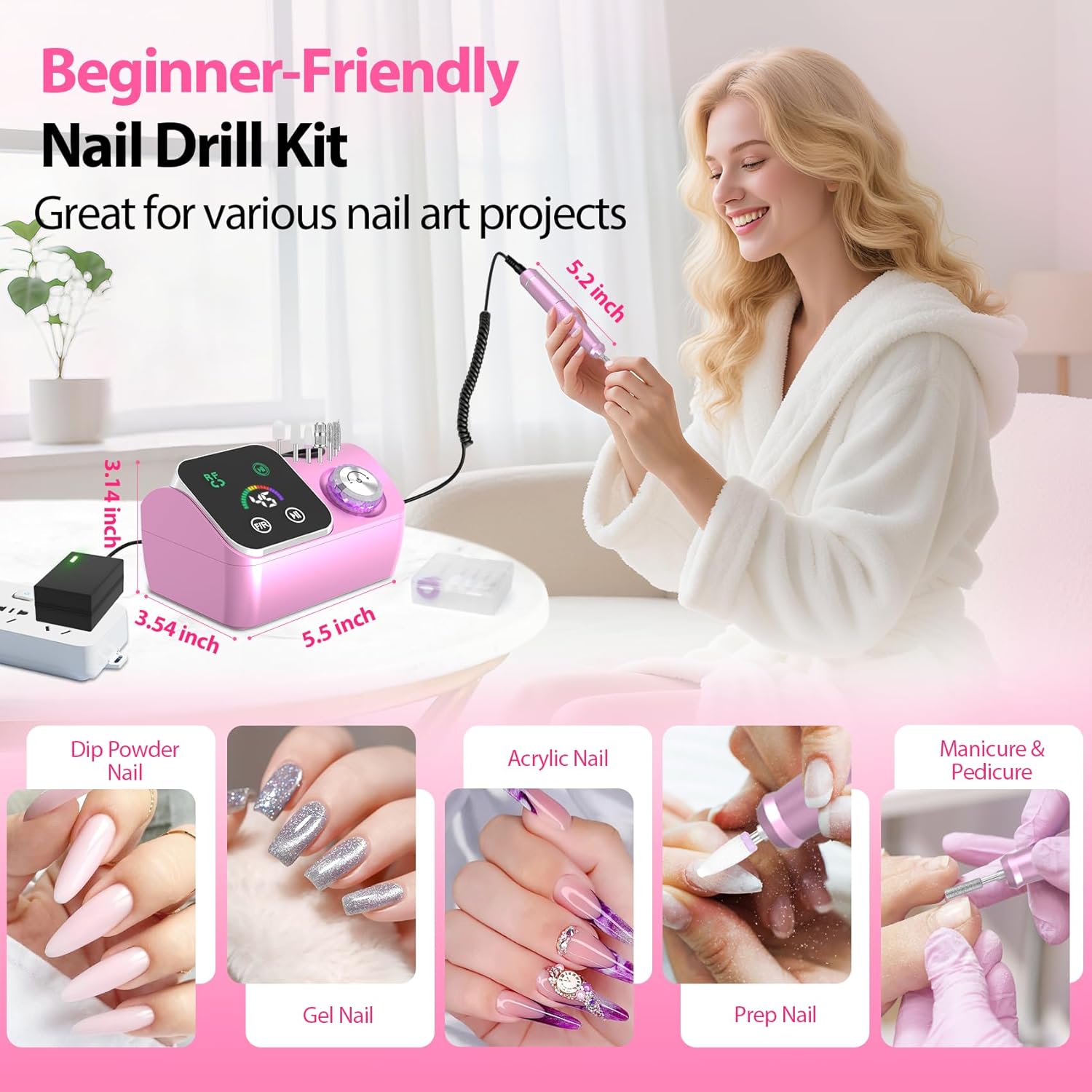 Thumbnail 5 de PYVOLA Professional Electric Nail Drill E-File Machine Kit (45,000 RPM) with LED Display, Low Noise & LED