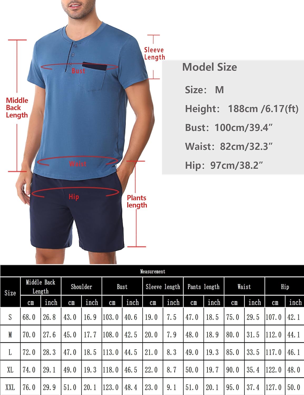 Detalle 2 de Aseniza Herren Schlafanzug Kurz Baumwolle Pyjamaset – Sommer Shorty, O-Ausschnitt, Zweiteilig