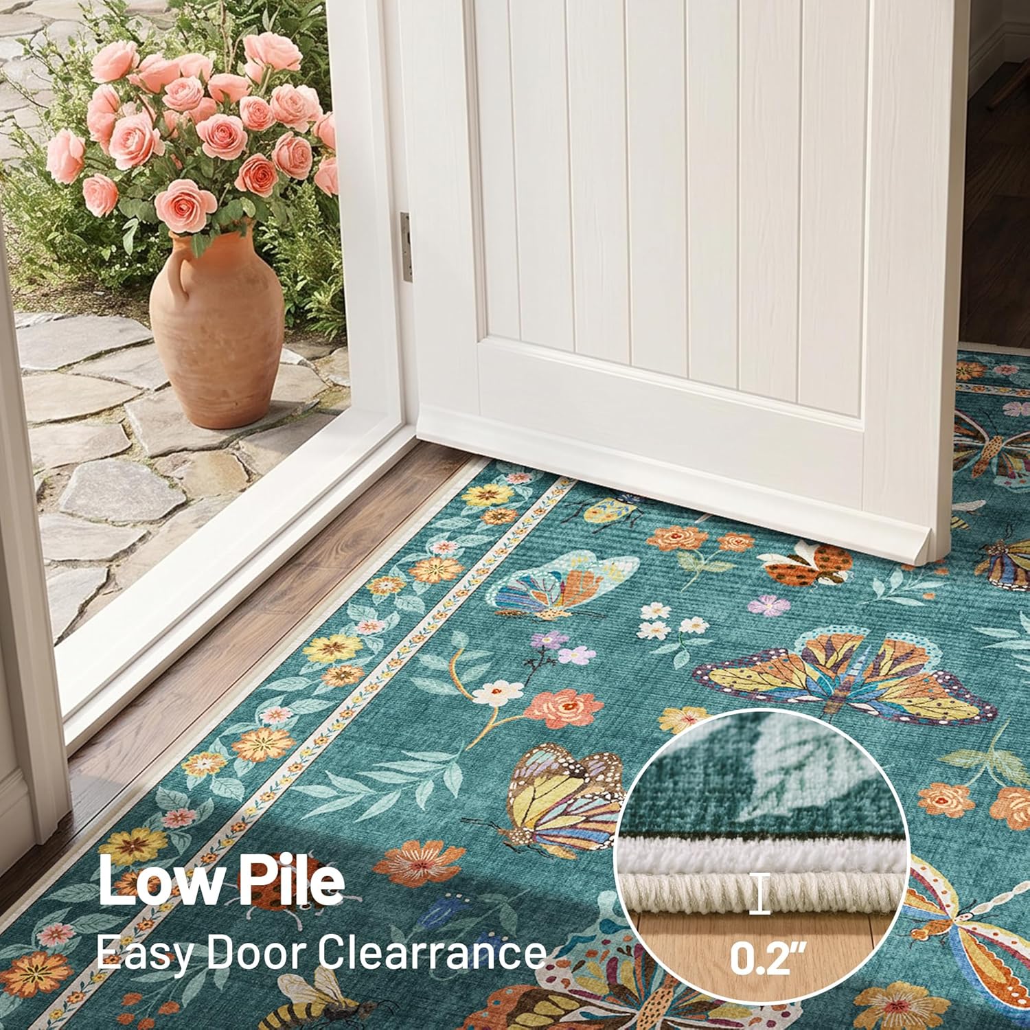 Detalle de AIMPEAK Teal Insect Area Rug, 5' x 7', Washable Low-Pile Polyester