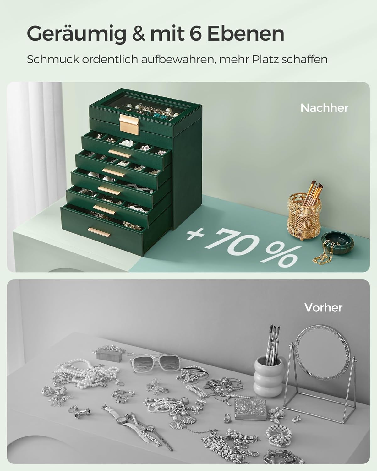 Thumbnail 6 de SONGMICS Schmuckkästchen JBC171C01 mit 6 Ebenen, Glasdeckel und 5 Schubladen (waldgrün-golden)