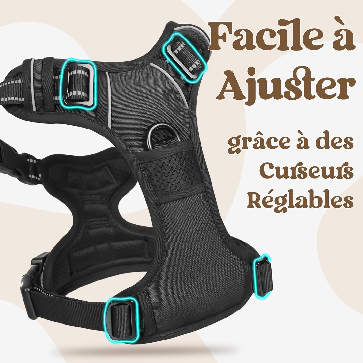 Detalle 2 de rabbitgoo Harnais pour chien anti-traction à 3 boucles, poignée et attache devant, réglable et réfléchissant (XL, noir)