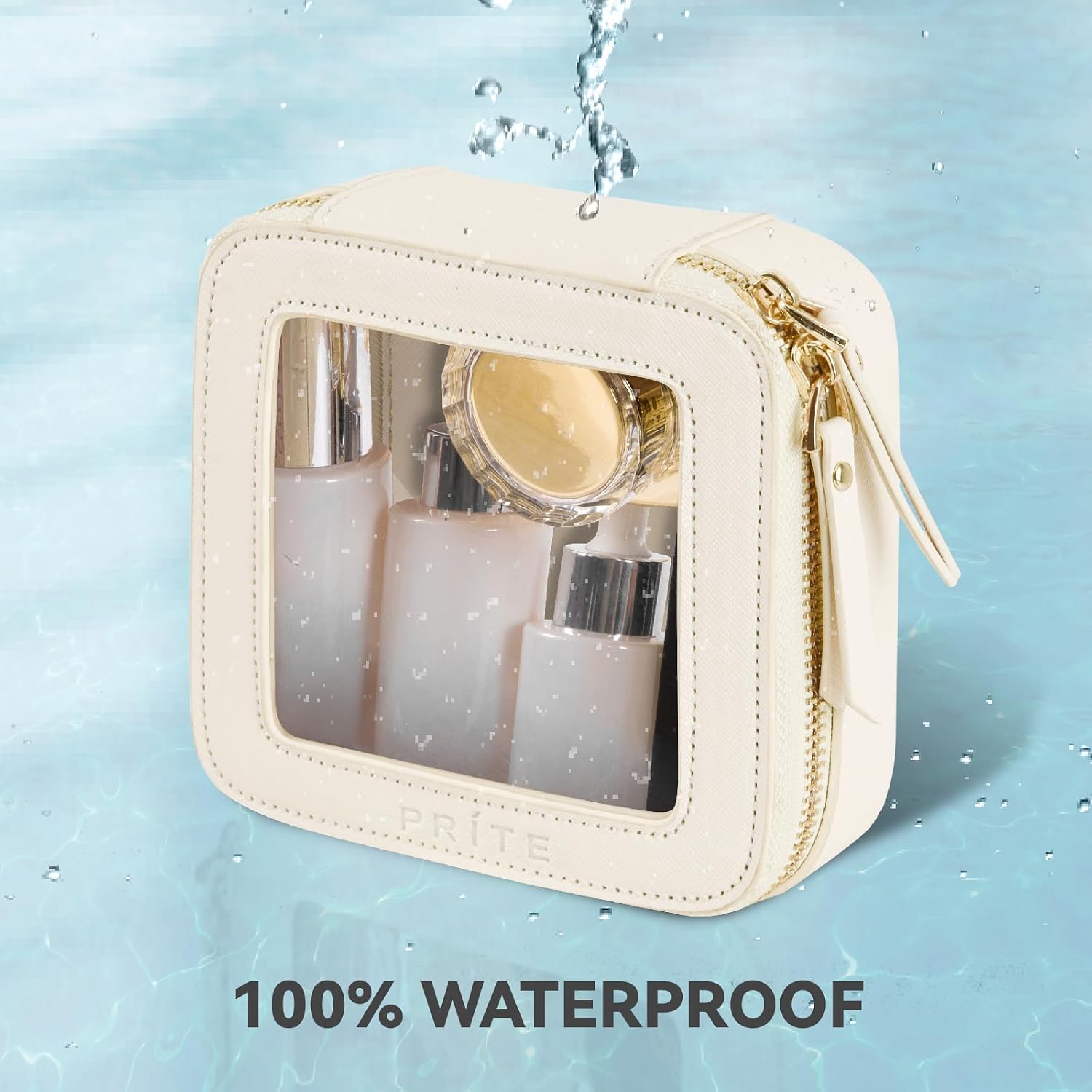 Detalle de Prite Small Clear Makeup Bag (Beige) with Gift Box – Waterproof Mini Cosmetic & Travel Toiletry Pouch