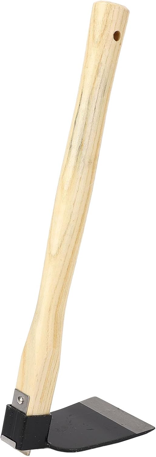 Detalle de Aramox D202 planteringshacka med trähandtag och blad i kolstål