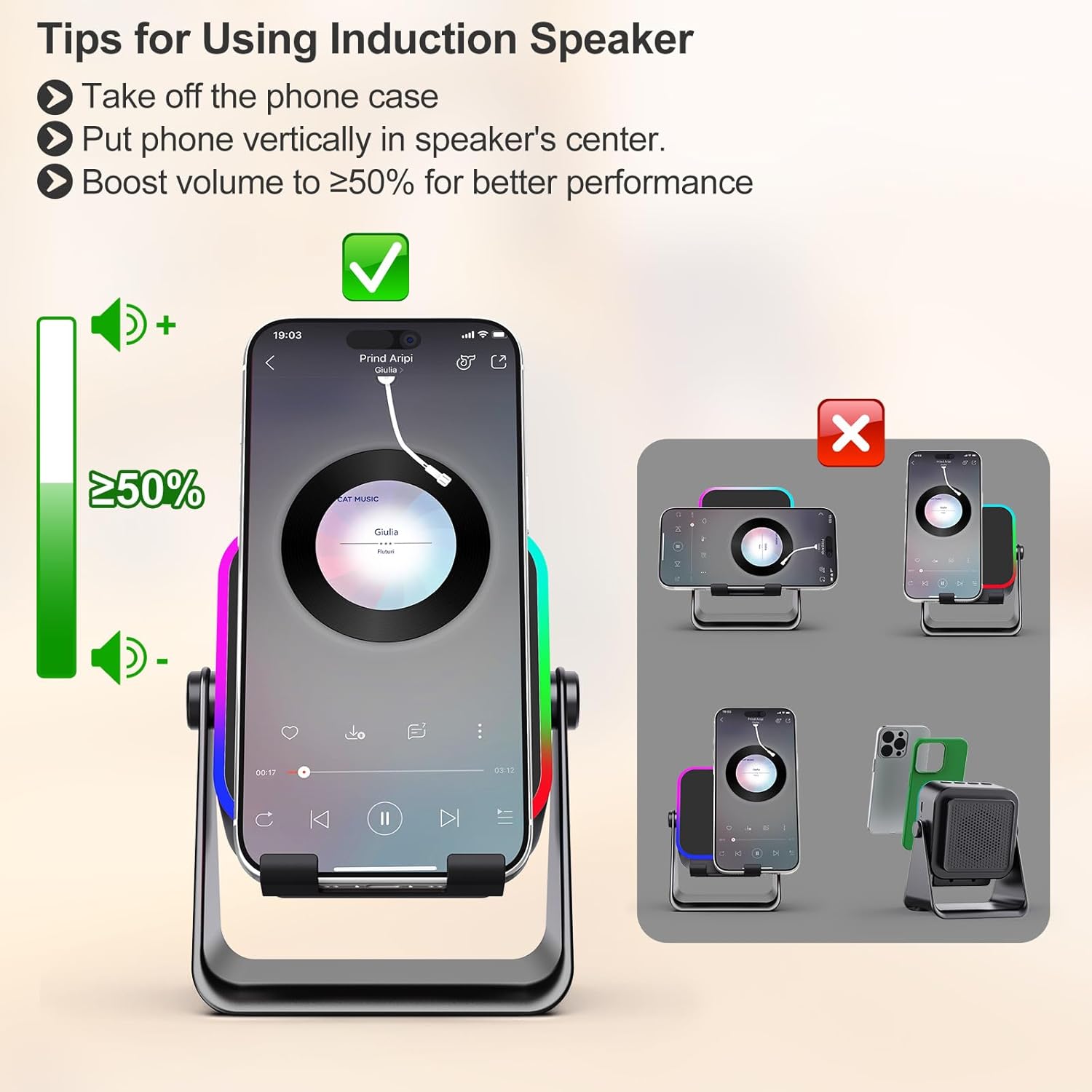 Thumbnail 6 de BOLONMI Wireless Bluetooth Induction Speaker (Black) with 3500mAh Battery, RGB Lights & Phone Stand