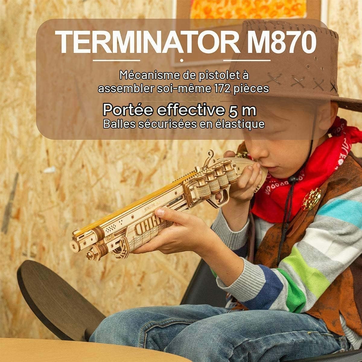 Detalle 2 de Robotime Terminator M870 3D-houten puzzel met mechanisch schietmechanisme