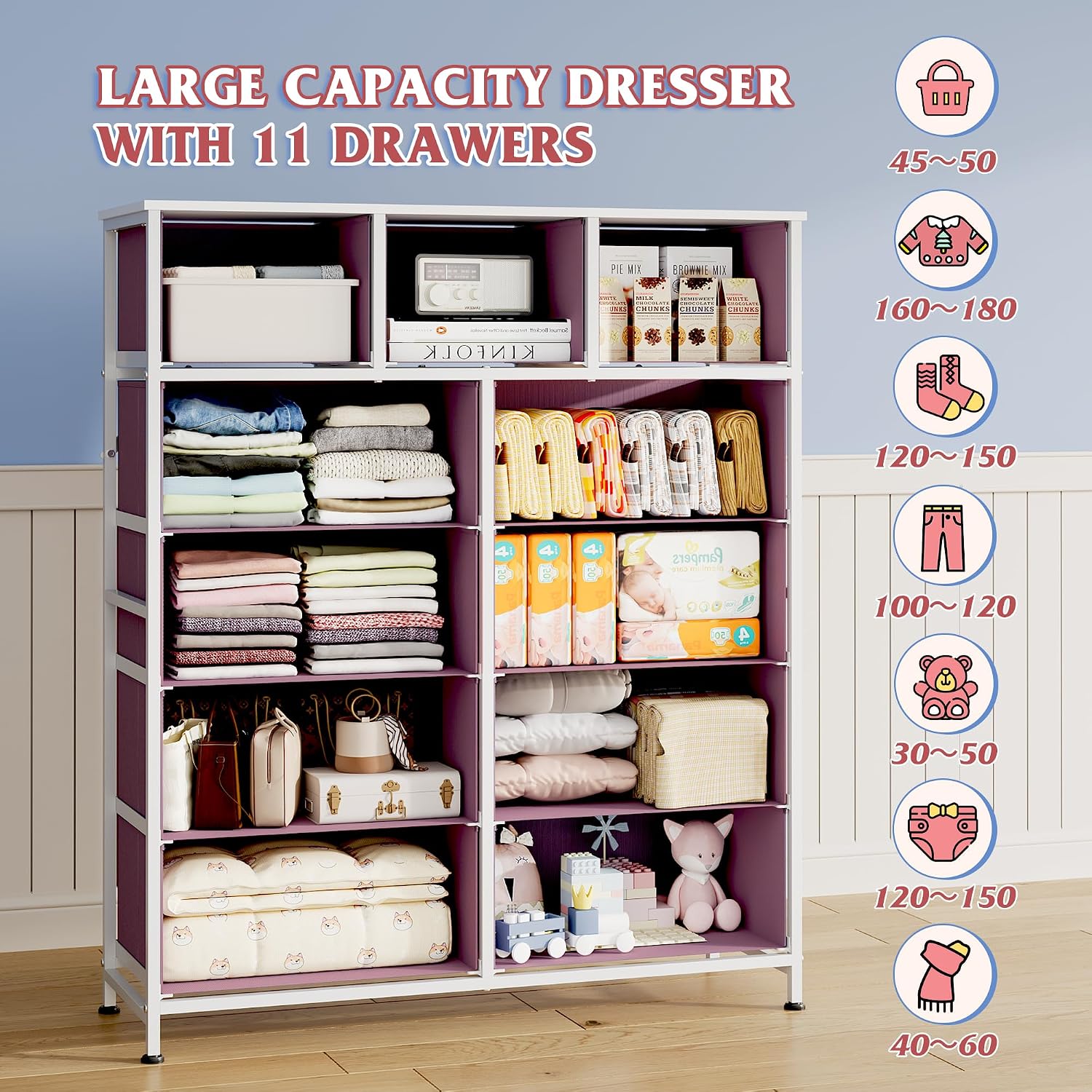 Thumbnail 4 de WLIVE Tall 11-Drawer Fabric Dresser with Wood Top, Vintage Green