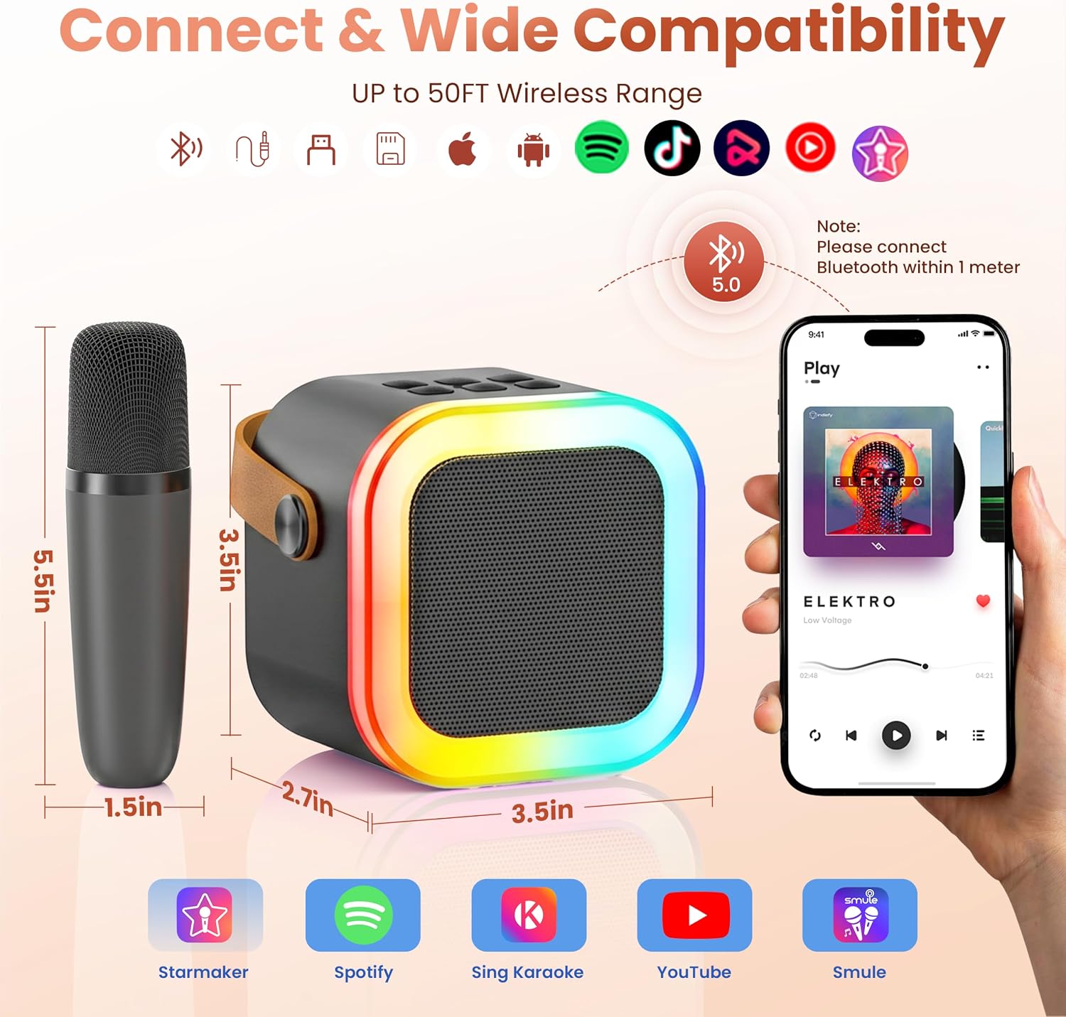 Thumbnail 5 de Peski K-51 Mini Karaoke Machine with Two Wireless Microphones and LED Lights