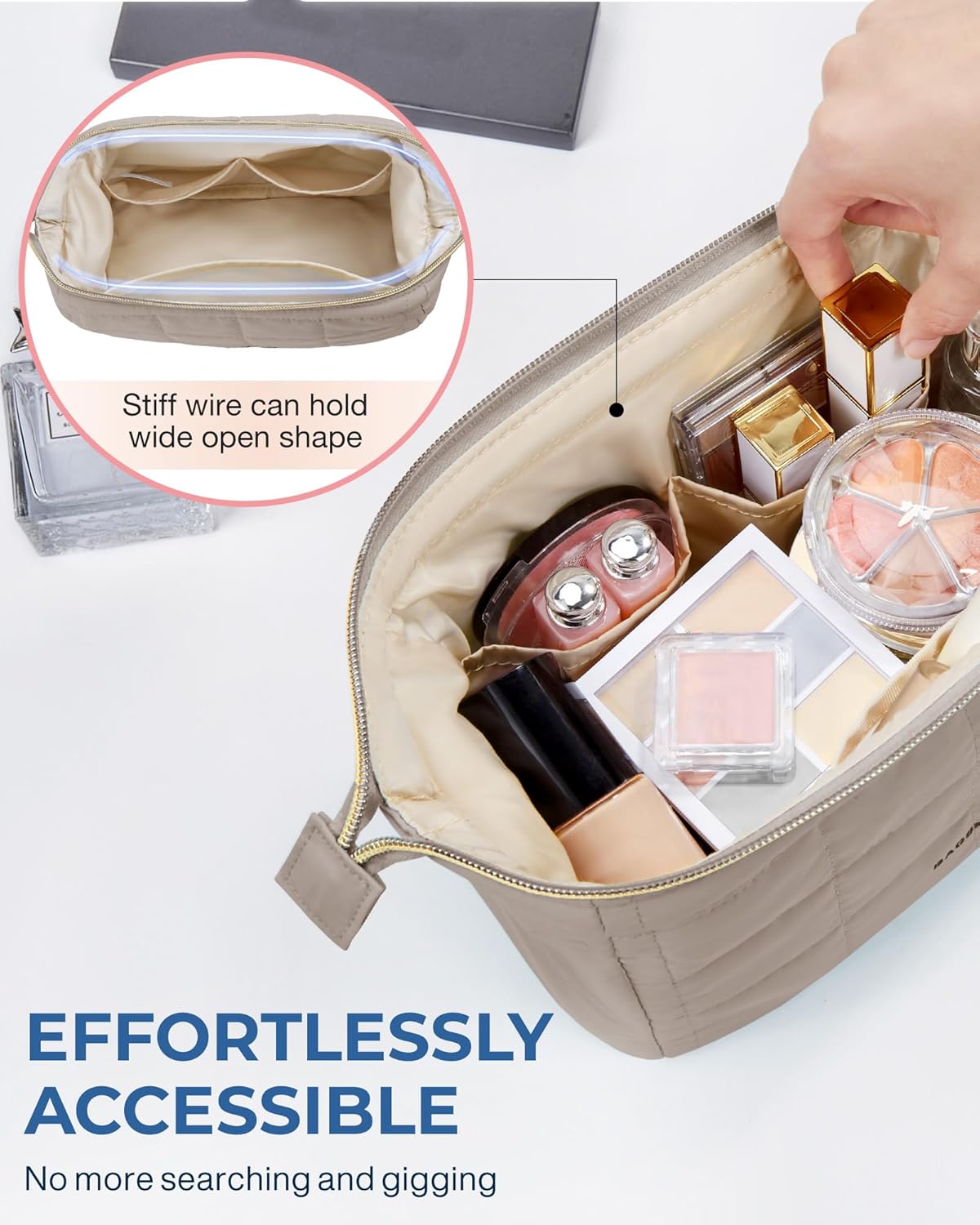 Detalle 2 de BAGSMART Makeup Bag Travel Cosmetic Bag, Puffy Padded Large Capacity in Camel