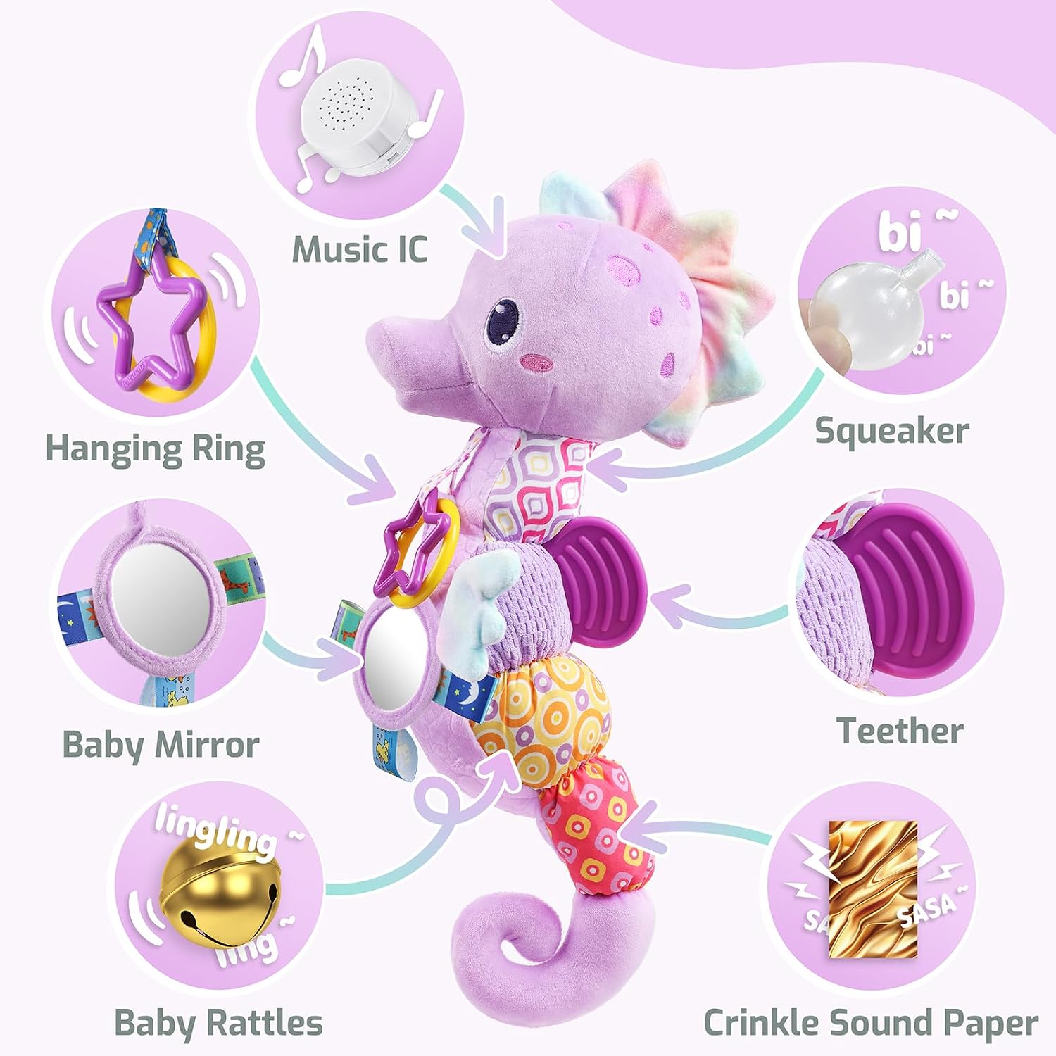 Detalle de Sumobaby Seahorse Plush Activity Toy with Mirror, Crinkle and Rattle Sounds