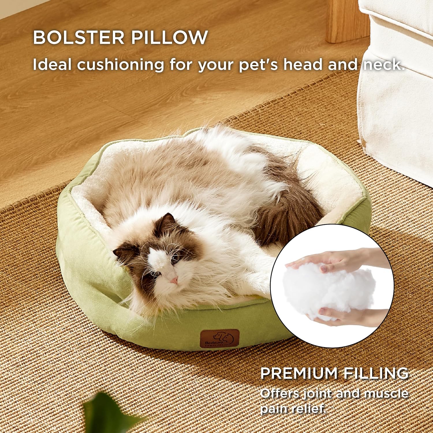Detalle 2 de Bedsure B0P1E00N0S02 Round Pet Bed, 20-Inch Plush Bolster, Green