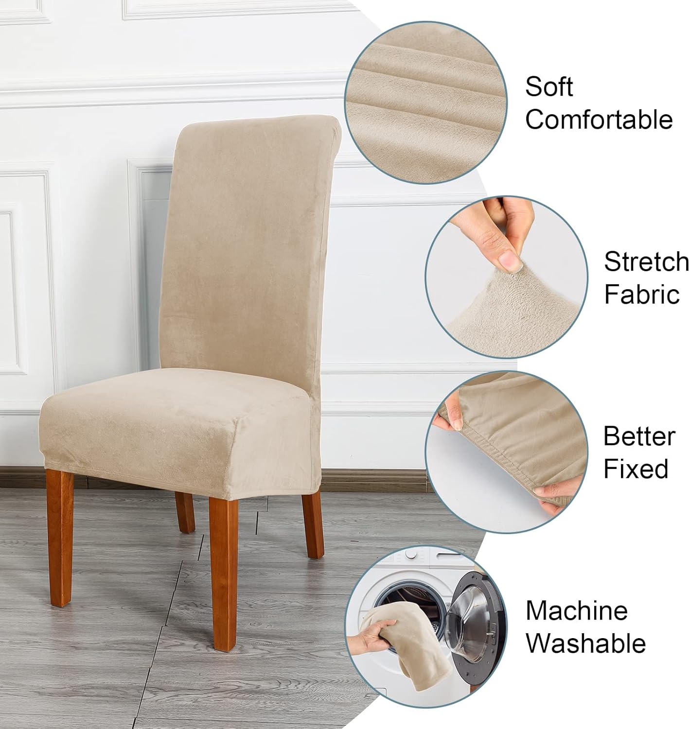 Thumbnail 3 de CMAKER Velvet Dining Chair Covers: Stretch Large, XL Beiges (Set of 2)