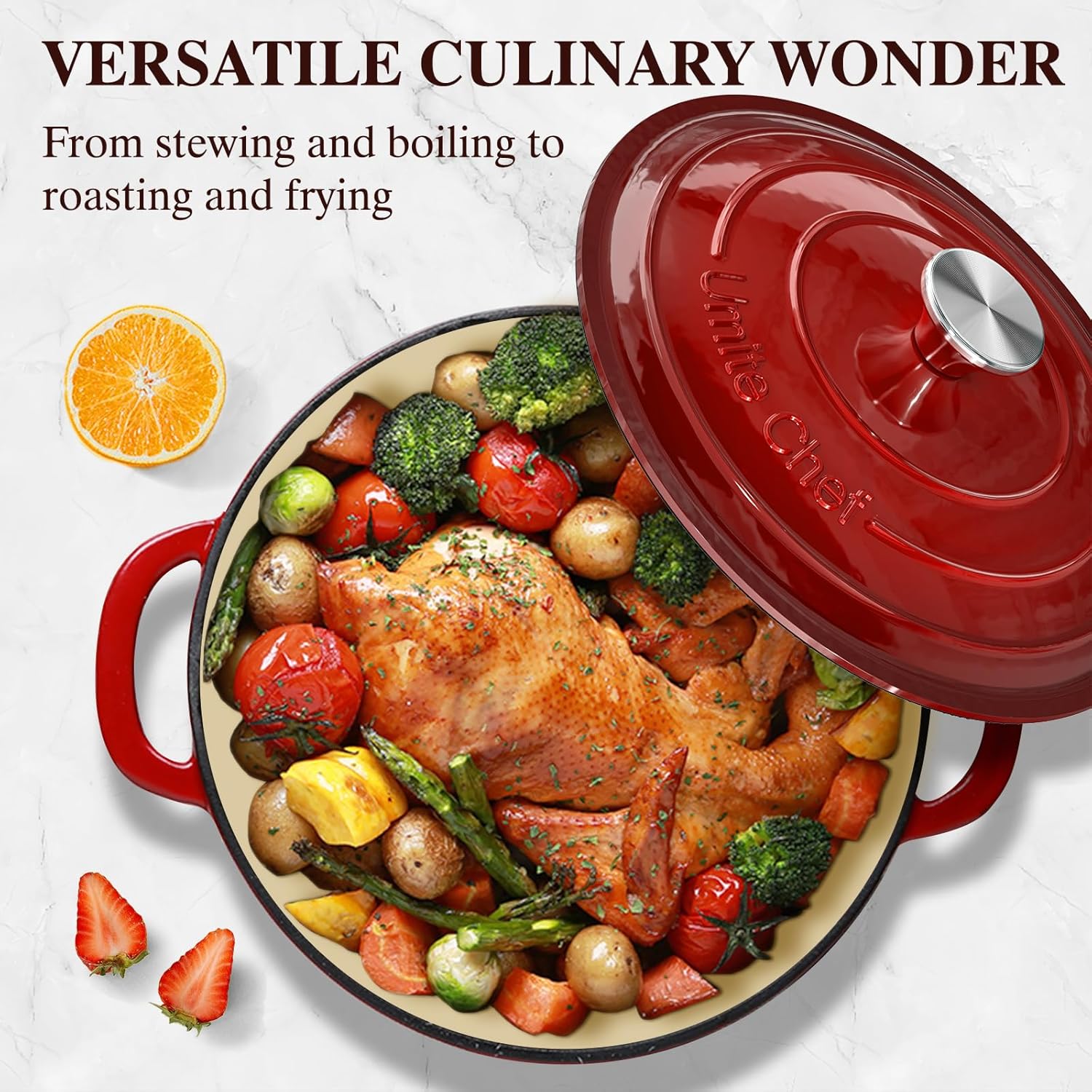 Detalle de Umite Chef 5QT Enameled Cast Iron Dutch Oven with Lid & Cotton Potholders (Red)