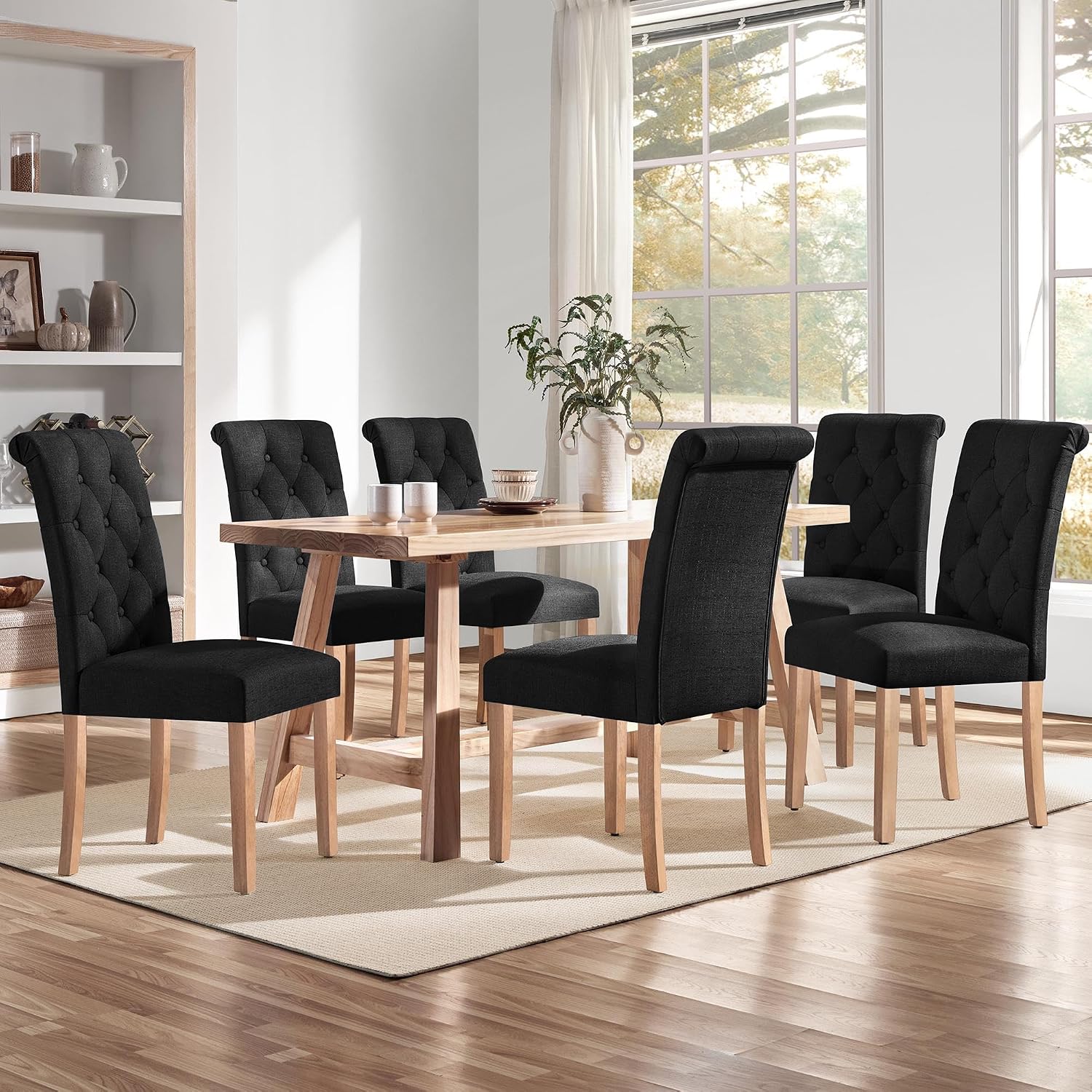 Thumbnail 5 de Yaheetech Set 4 Sedie Imbottite per Sala da Pranzo in Tessuto Nero con Piedi in Legno Massello