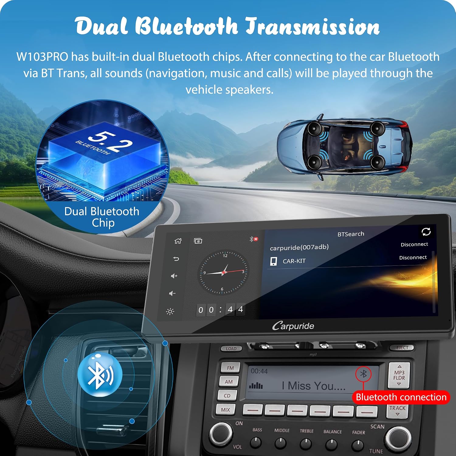 Detalle de Carpuride W103 Pro: 10.3-inch Wireless CarPlay/Android Auto Receiver with Dual Bluetooth, Mirror Link and GPS