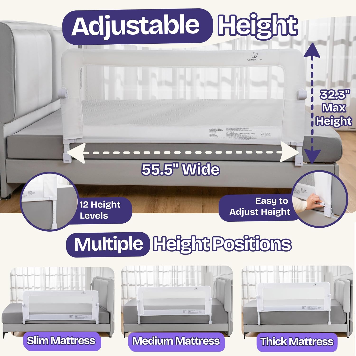 Detalle de ComfyBumpy CFBY12836 Adjustable Toddler Bed Rail, 55.5-Inch Swing-Down Guard