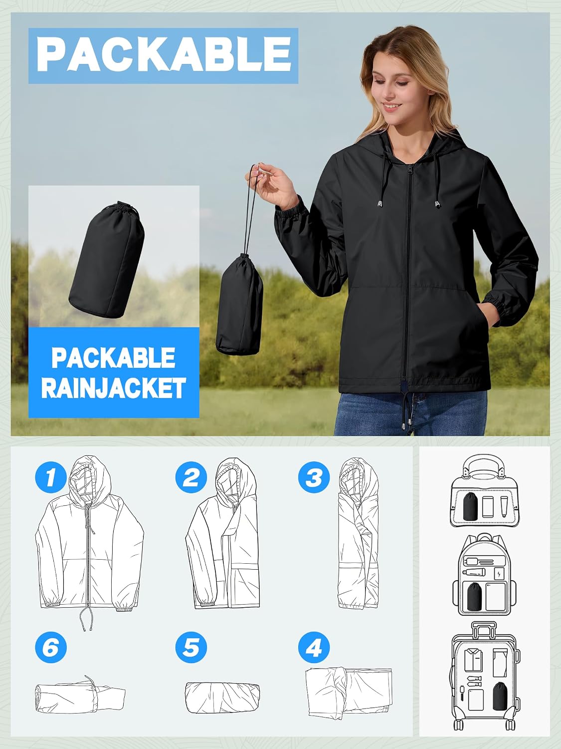 Thumbnail 4 de UIQUR Women's Packable Rain Jacket, Waterproof Polyester with Adjustable Hood