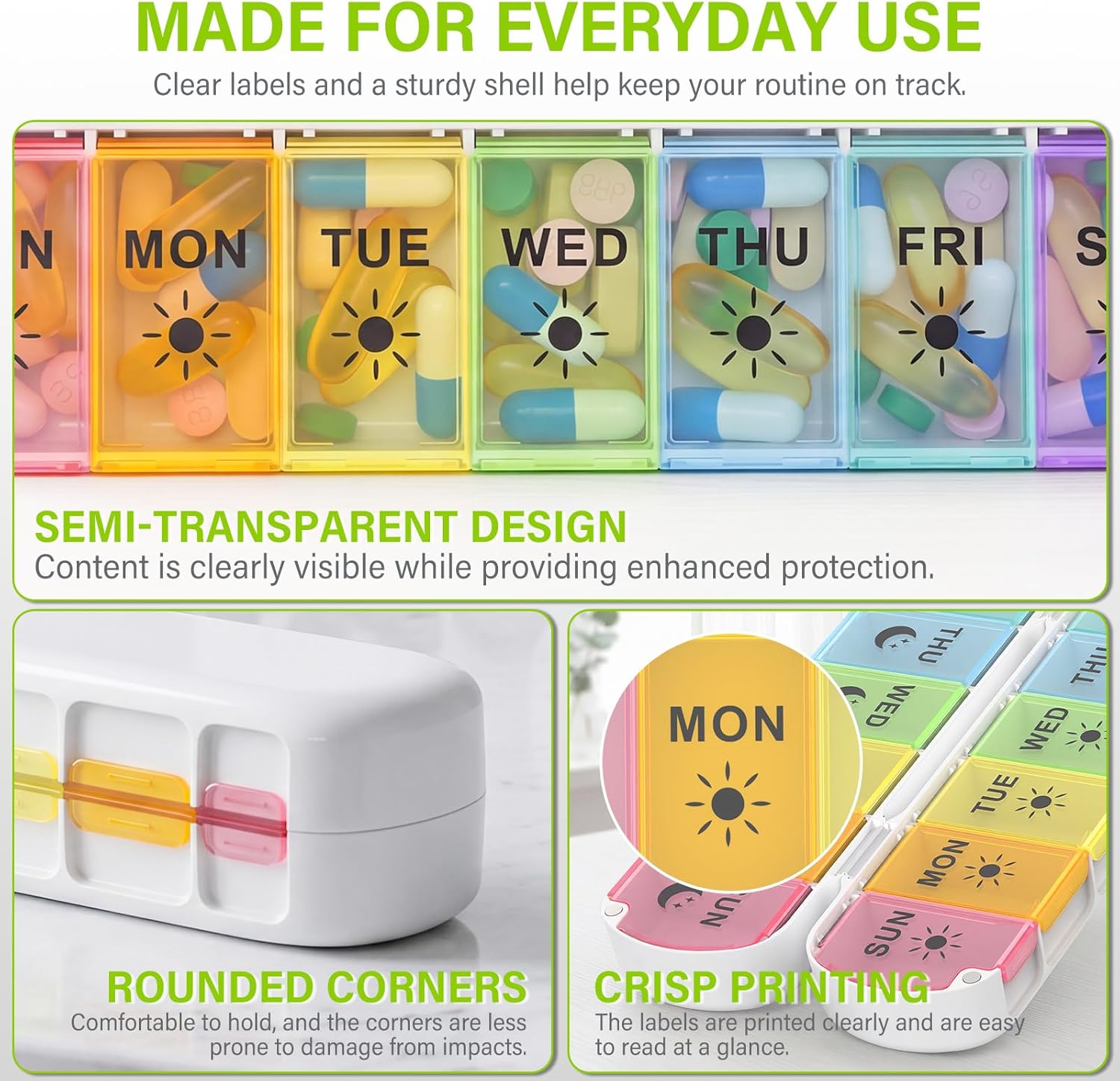 Detalle de Mossime Foldable Weekly Pill Organiser – Premium Magnetic AM/PM 14-Compartment 7-Day (Travel Friendly)