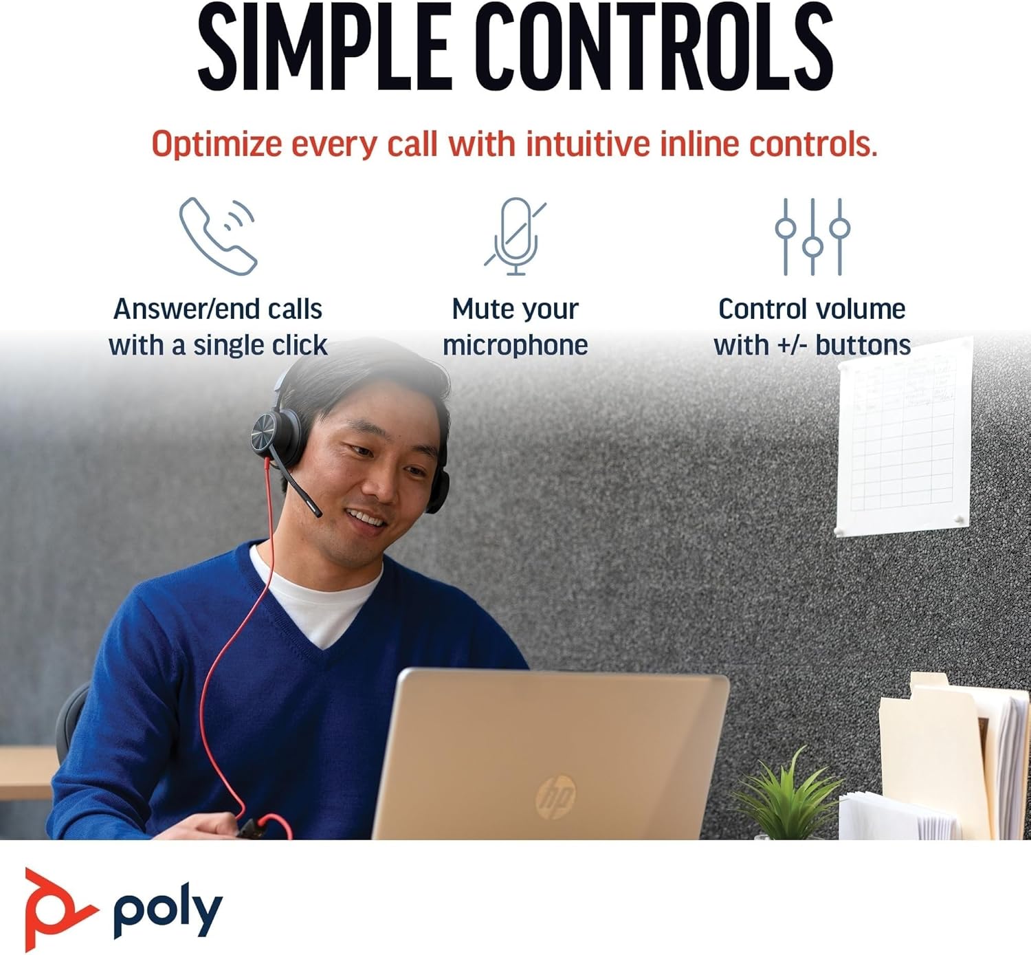 Thumbnail 3 de Poly Blackwire 8225 cuffia cablata con ANC ibrida, USB-A e USB-C, microfono con Acoustic Fence (nero)