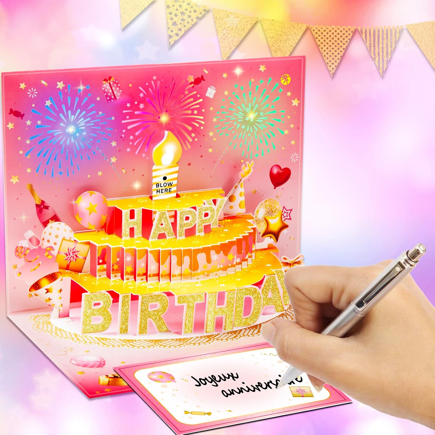 Thumbnail 4 de Carte d'anniversaire pop-up 3D avec lumières et son - bouquet lumineux 4-en-1 en rose et doré
