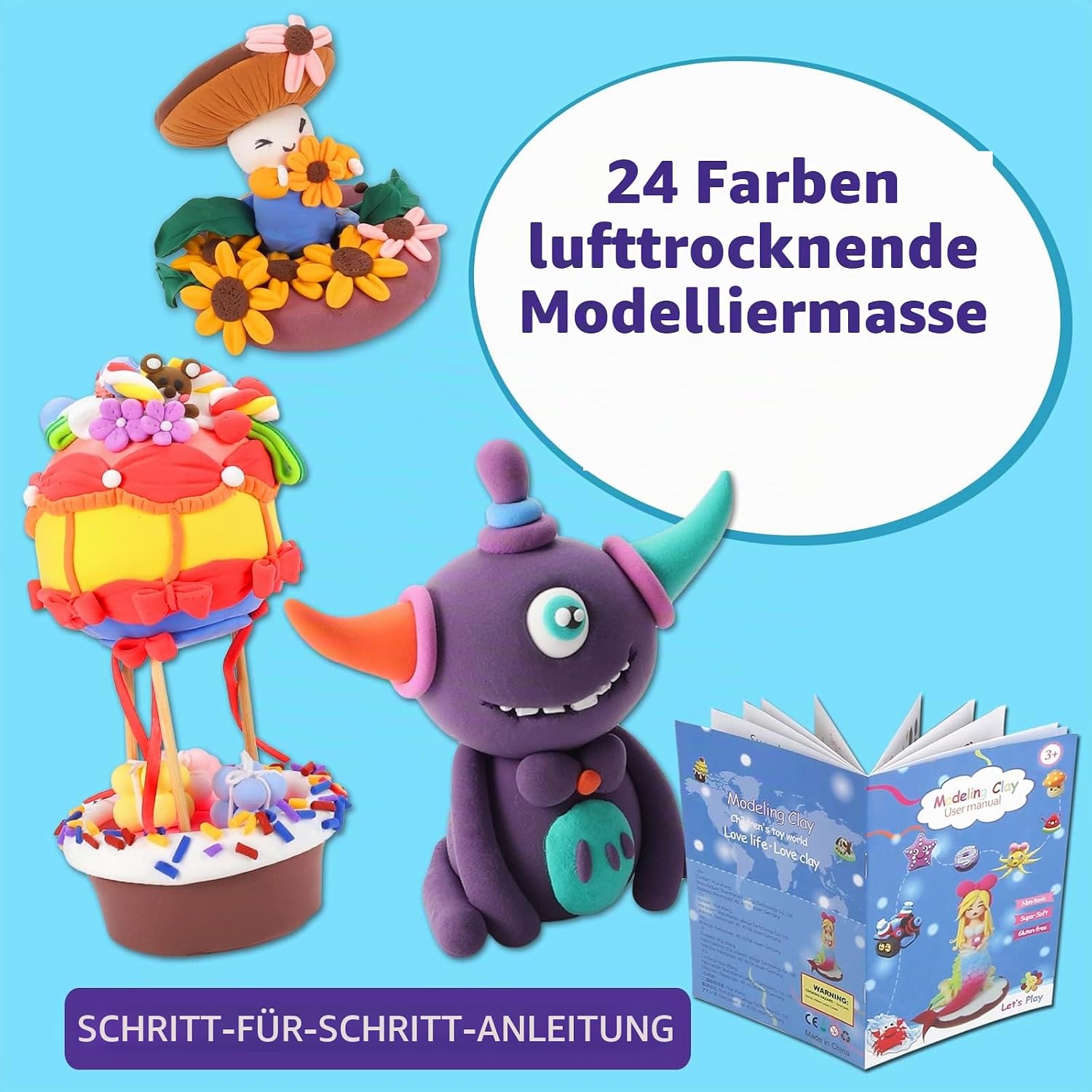 Thumbnail 6 de Modelliermasse Lufttrocknend von iFergoo – 24 Farben Knete für kreative Kinder (Blau Box)