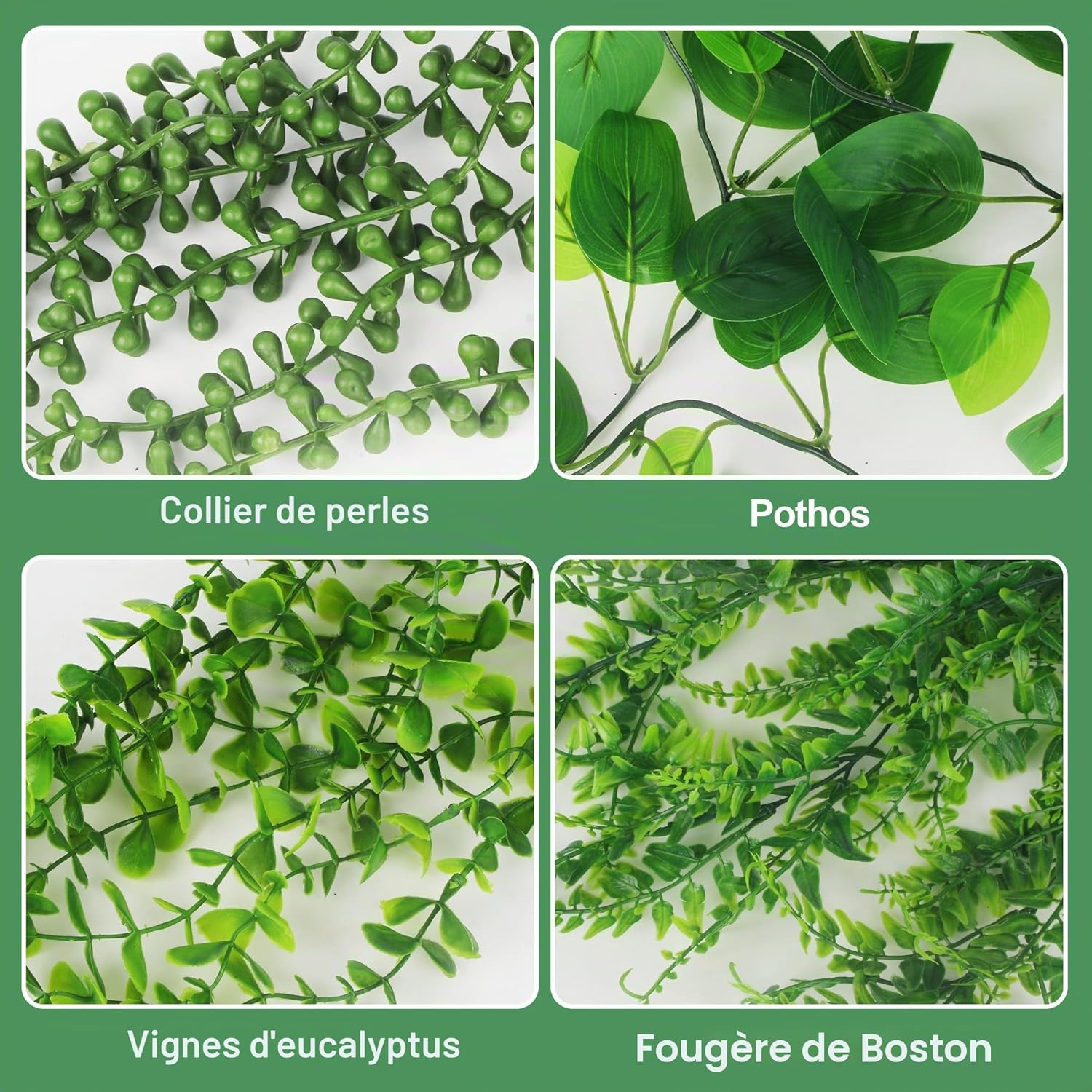 Detalle de LIAILA — Ensemble de 4 plantes tombantes artificielles avec pots (lierre, fougères, pothos, eucalyptus) pour intérieur et extérieur