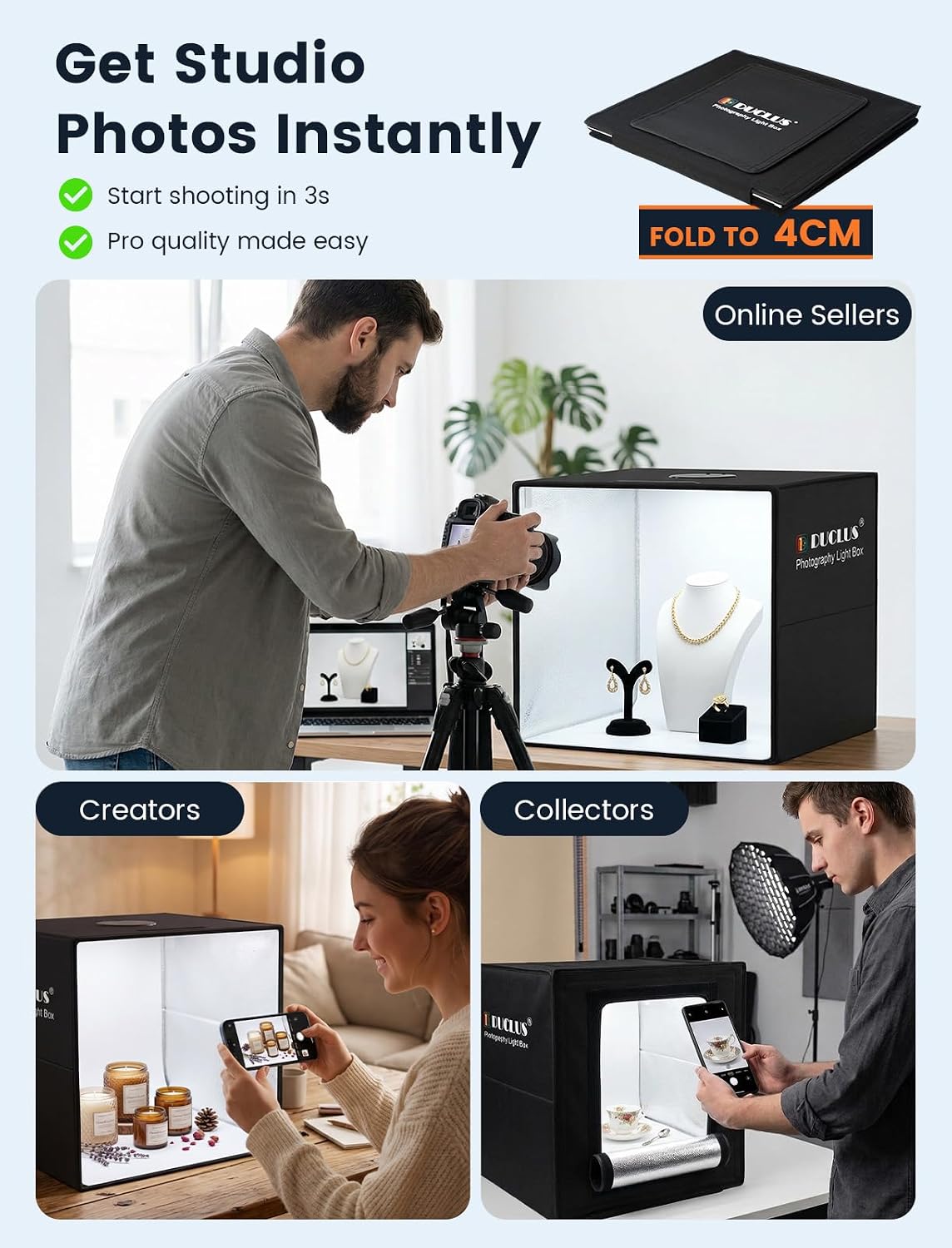 Detalle 2 de DUCLUS Light Box Photography 40cm (16" x 16") with 160 LEDs and 8 Backdrops for Product Photos