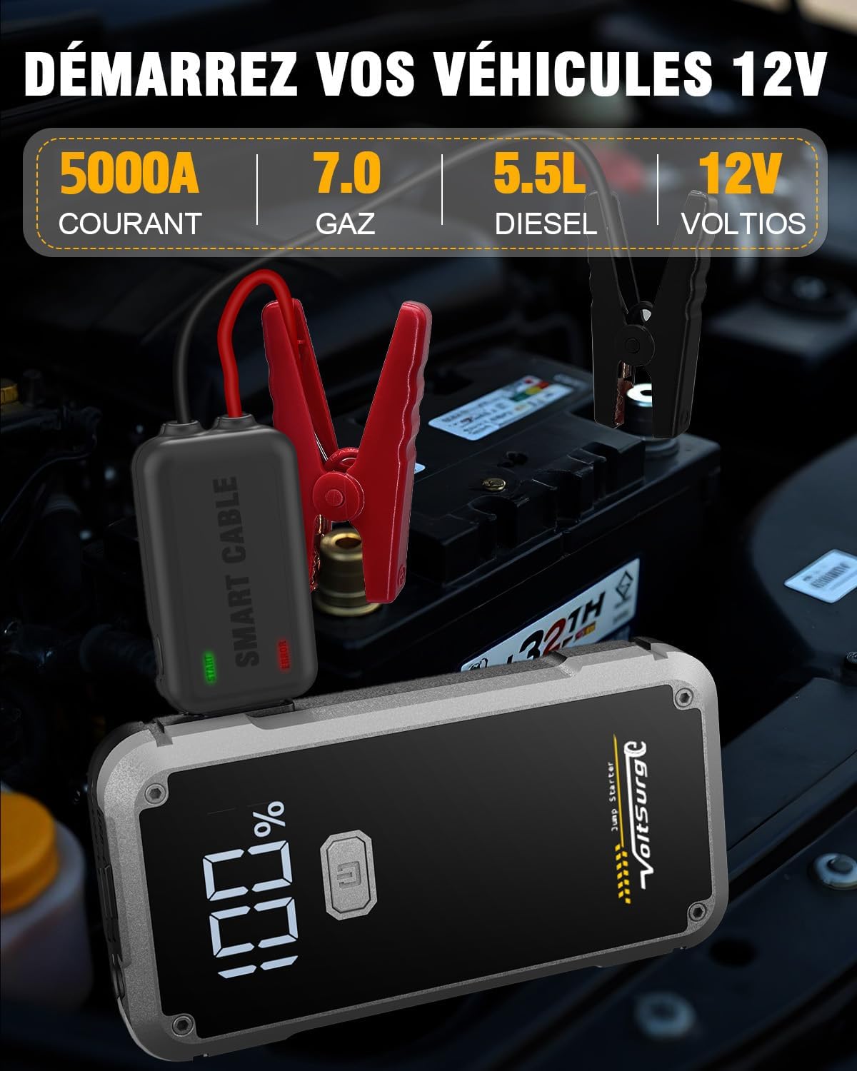 Detalle de Démarreur de Batterie de Voiture 5000A - VoltSurge D06 (Démarreur Portable 12V, 7.0L Essence / 5.5L Diesel) avec Pinces, USB et Lampe LED