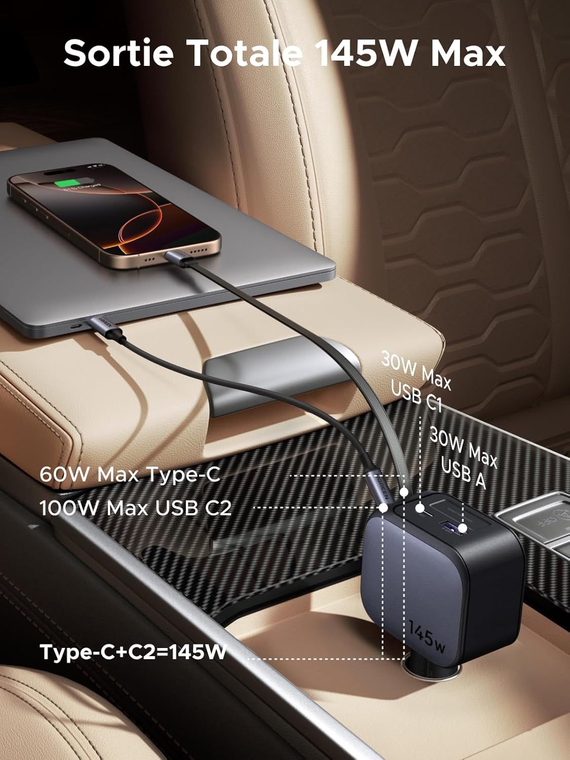 Thumbnail 1 de UGREEN Nexode 145W 4 en 1 Chargeur Allume-Cigare Rétractable – USB-C/USB-A pour iPhone, MacBook et plus