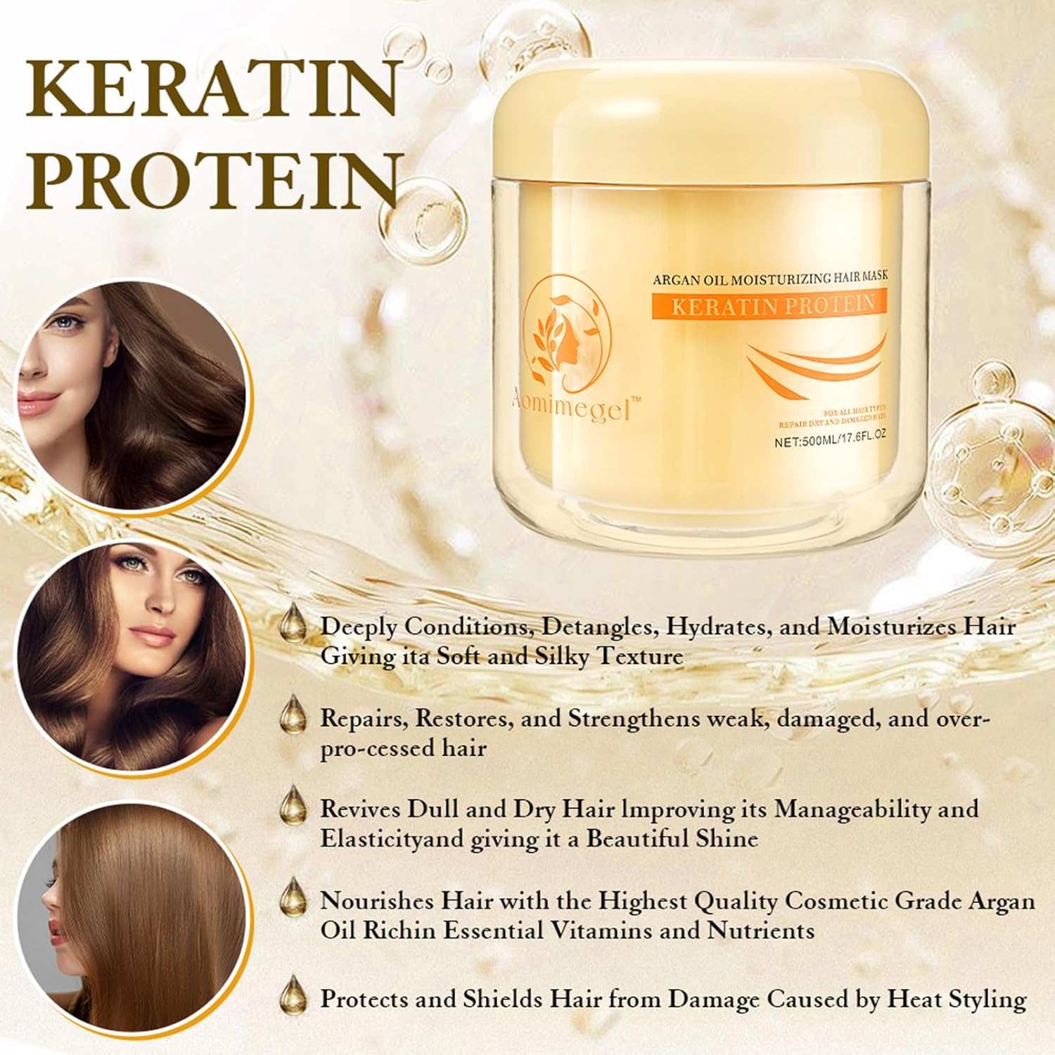 Detalle de Aomimegel Collagen Hair Mask: Deep Repair with Argan Oil for All Hair Types (16.9 oz / 500 ml)