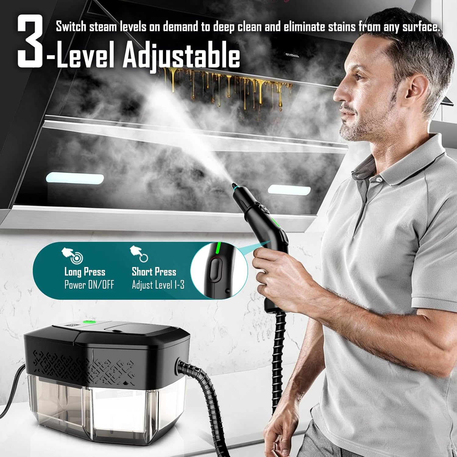 Thumbnail 3 de Steam Cleaner with 3-Level Adjustable Handle and 1.8L Tank (12 Accessories)