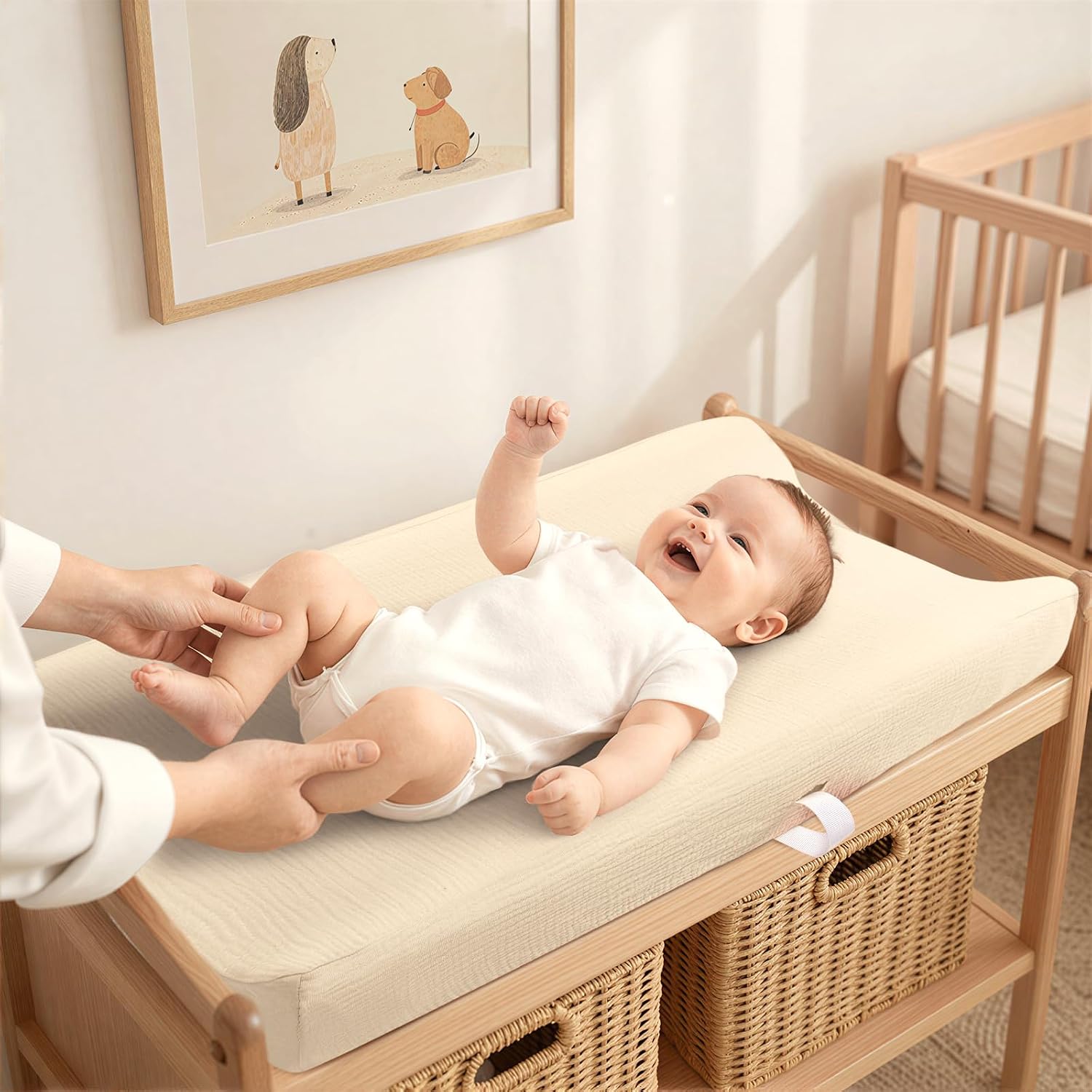 Detalle 2 de lulumoon Muslin Changing Pad Cover 2-Pack, 100% Cotton, White & Cream