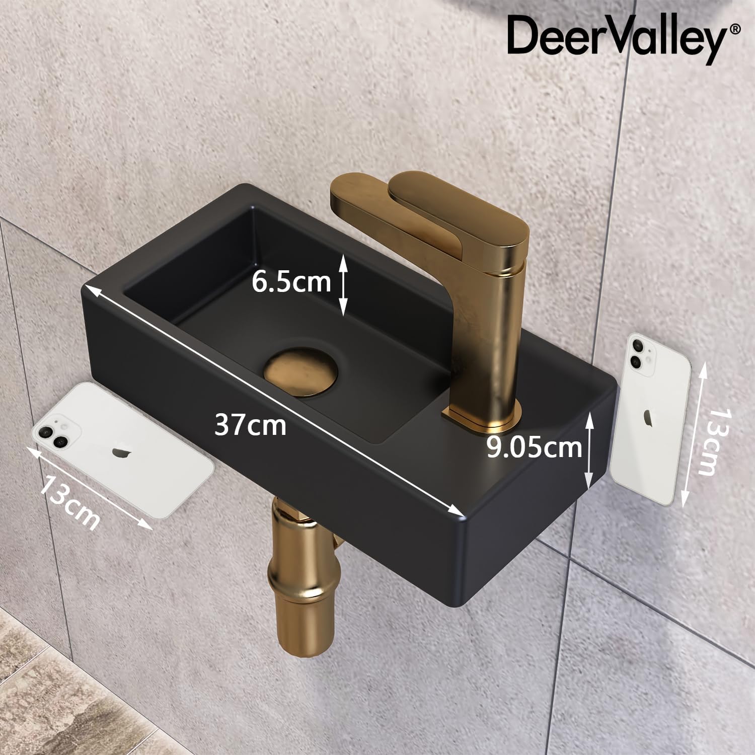 Detalle de DeerValley DV-1V0091R – czarna umywalka ceramiczna, ścienna, prawy otwór na baterię