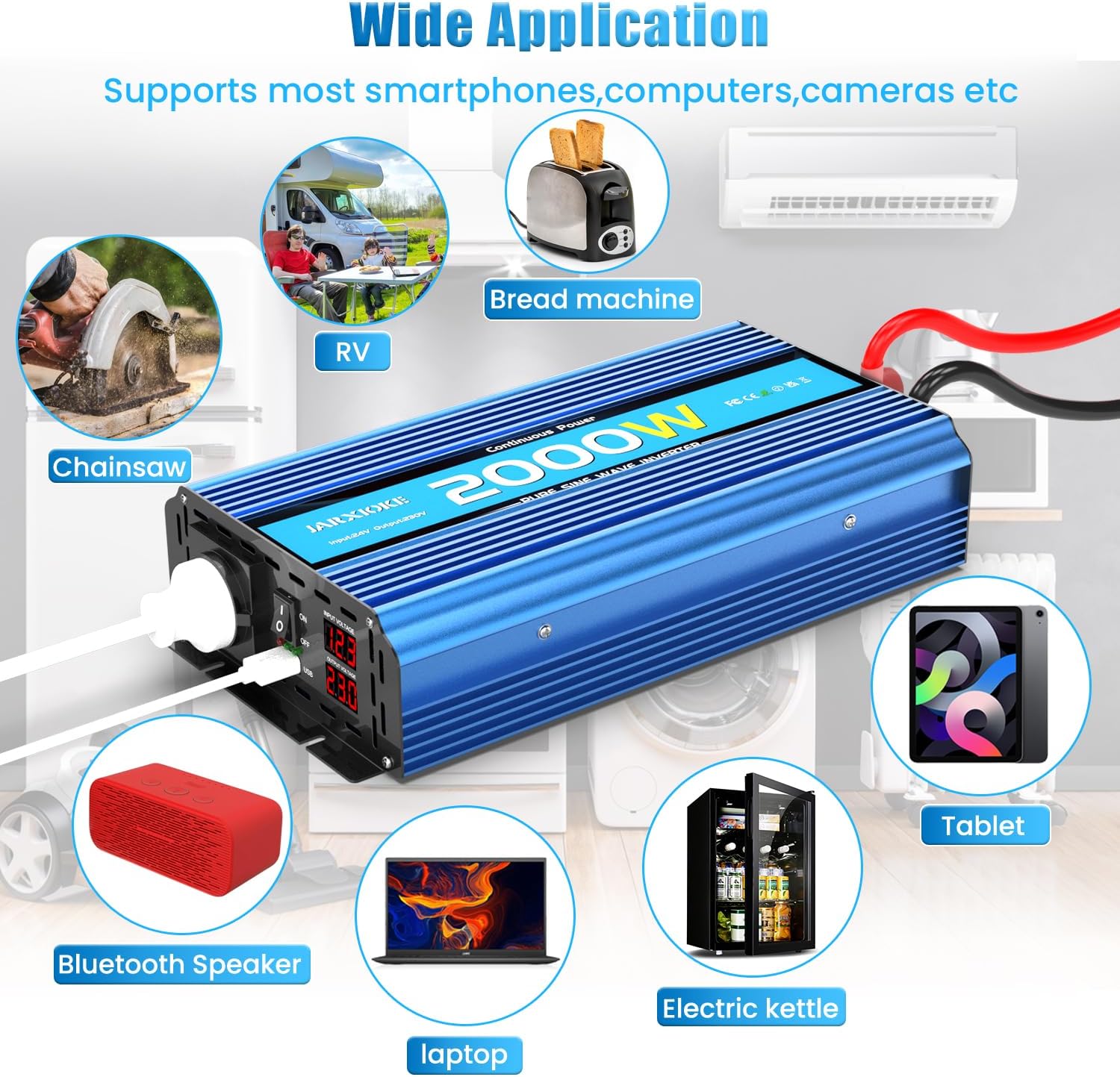 Thumbnail 4 de JARXIOKE Wechselrichter 2000 W Reiner Sinus 12V auf 230V (mit USB, LED-Anzeige, AC-Steckdosen)