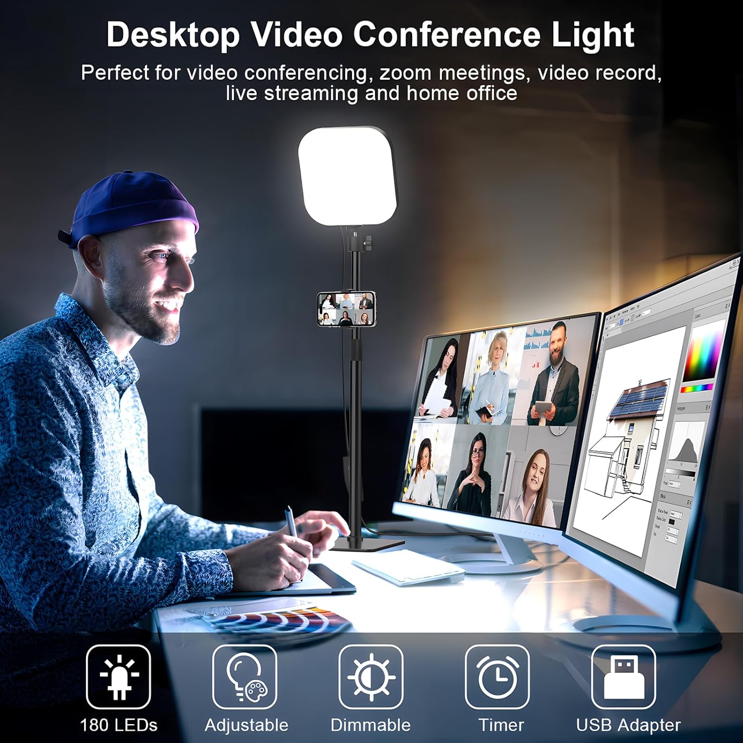 Thumbnail 5 de Mojimdo 180 LED Videolicht mit Handyhalter – USB-Key-Licht für Zoom, Live-Streaming & Videoaufnahmen