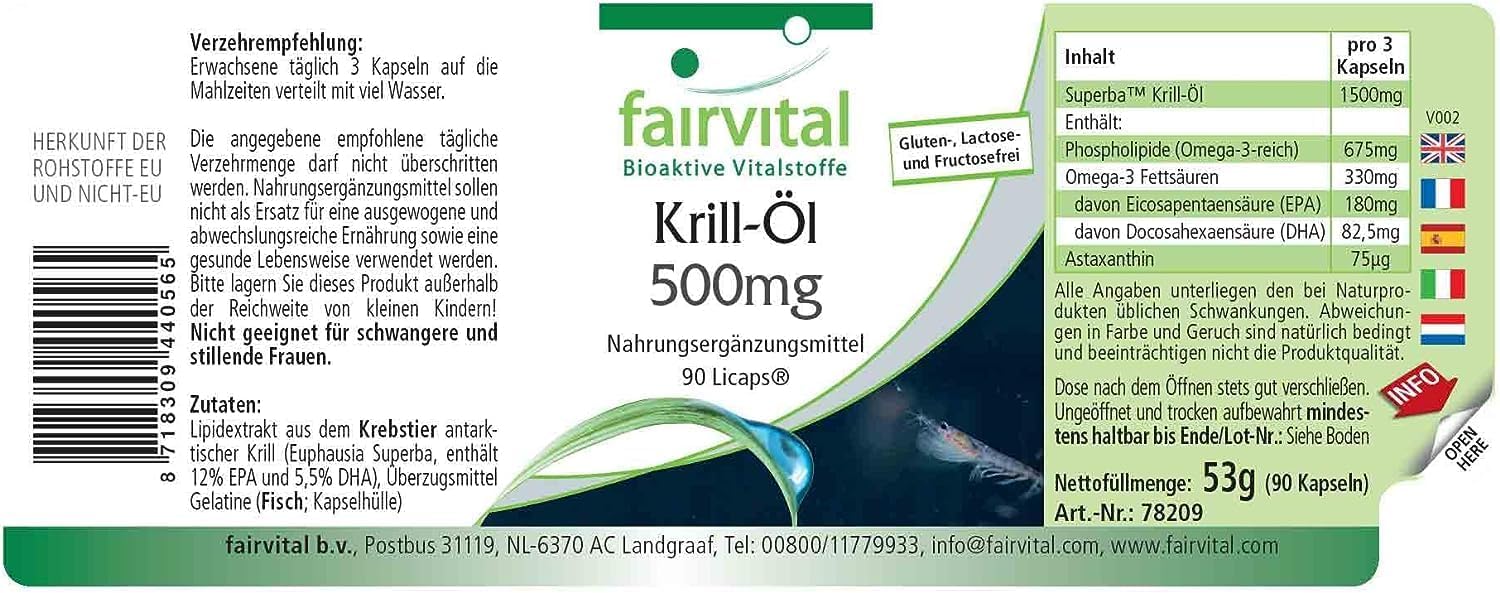 Detalle de Fairvital Krill-Öl Kapseln 500 mg, 90 Stk. Hochdosiert mit EPA/DHA und Astaxanthin