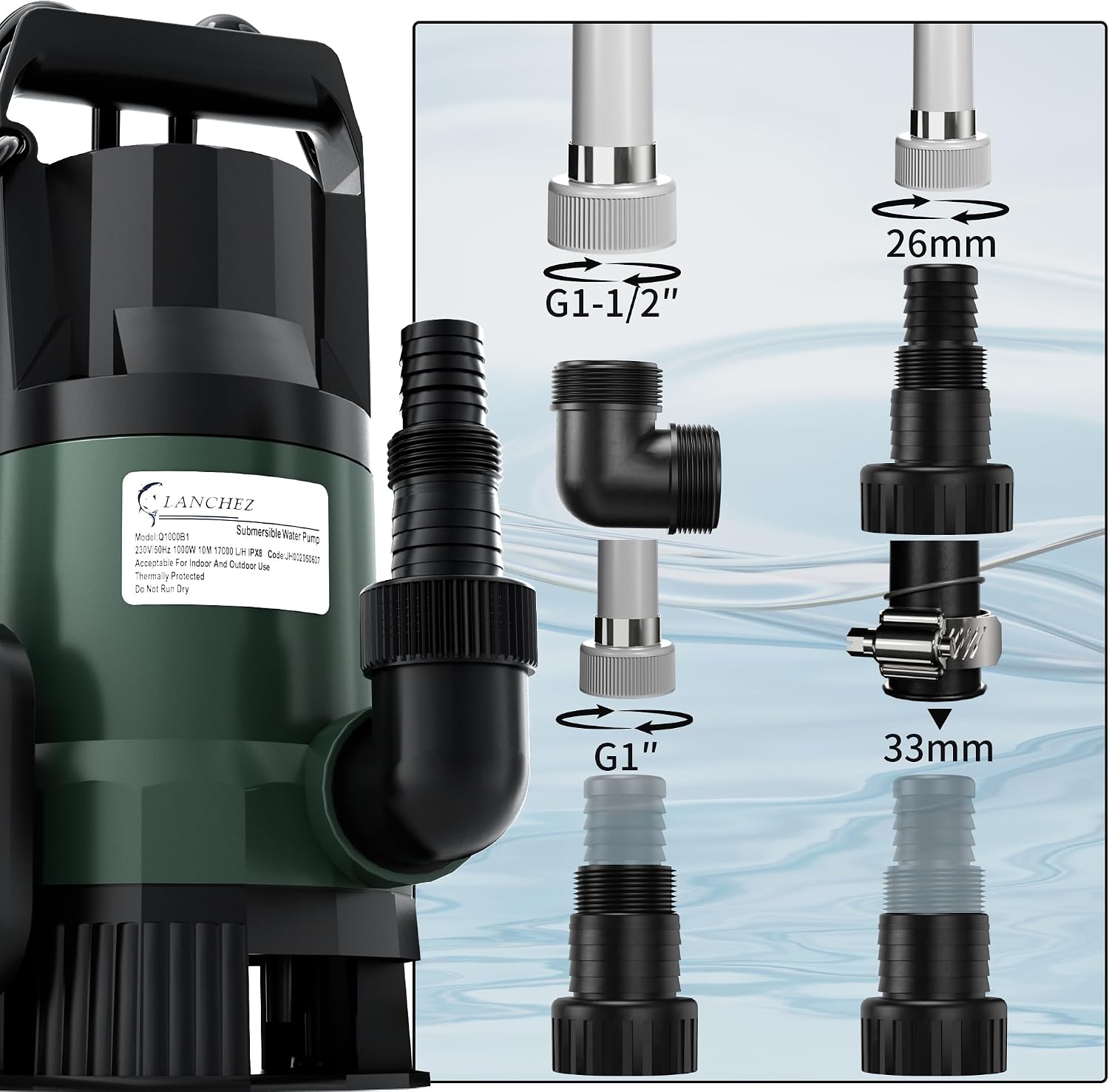Thumbnail 5 de LANCHEZ Schmutzwassertauchpumpe 1000 W – 17.000 l/h, IPX8, mit Schwimmerschalter