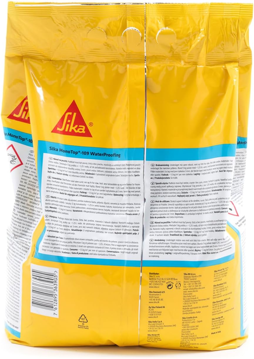 Detalle de Sika Monotop 109 Waterproofing – Mortier imperméabilisant gris 5 kg pour caves et locaux enterrés