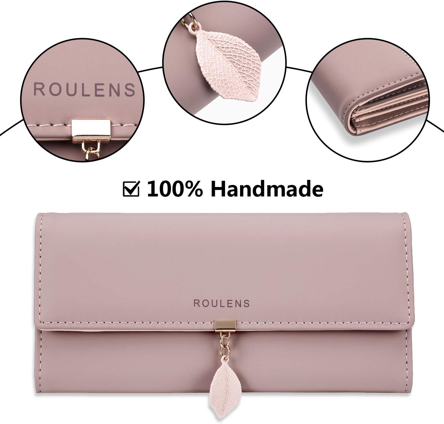 Detalle de Roulens Ladies Purse with RFID Blocking PU Leather Wallet – Leaf Pendant, Zipper Coin Purse, 10 Card Slots & Large Capacity