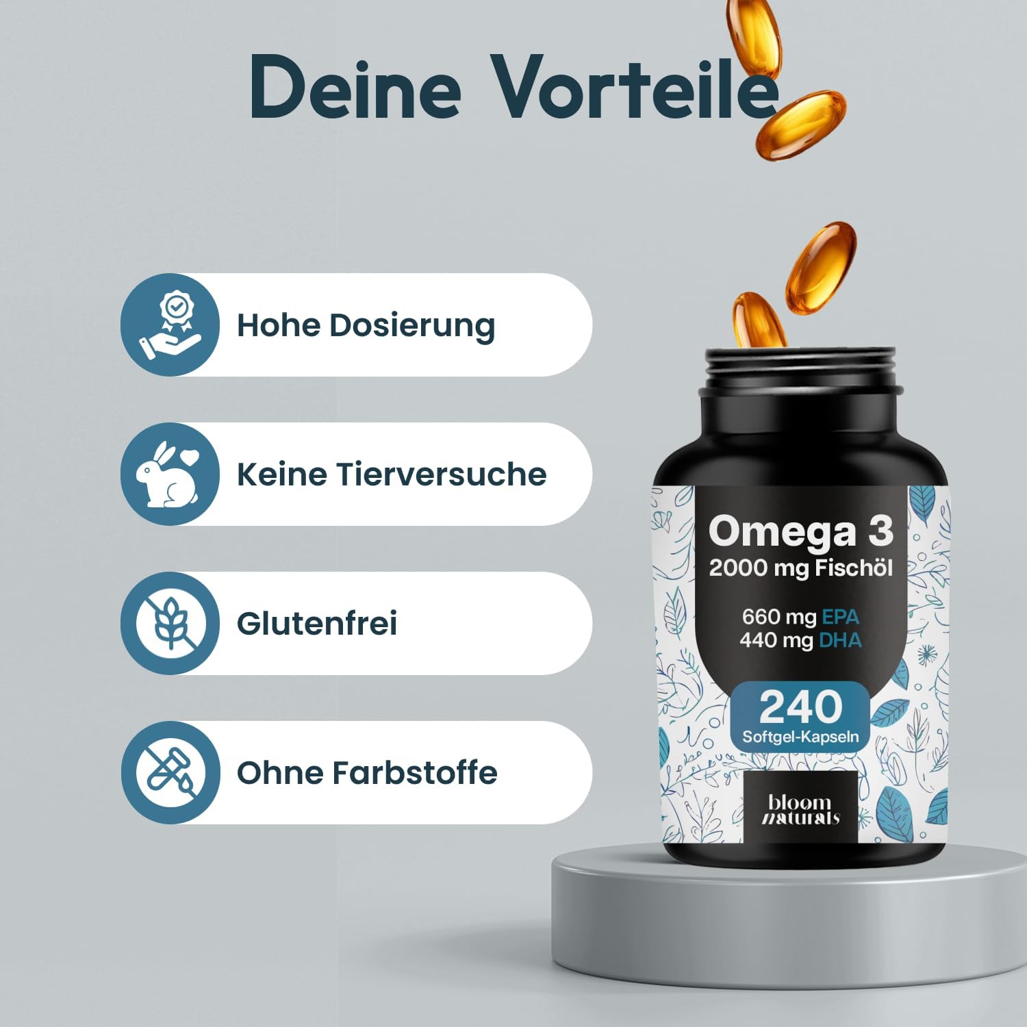 Detalle de Omega-3 Kapseln hochdosiert 2000 mg Fischöl – 240 Softgel-Kapseln mit 660 mg EPA und 440 mg DHA, hergestellt in Deutschland