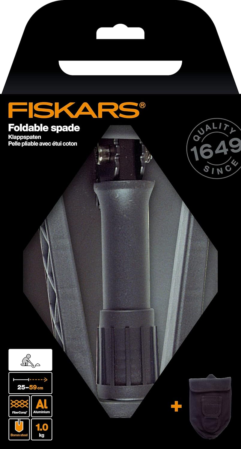 Detalle de Fiskars Klappspaten 59 cm – Multitalentierter Spaten, Hacke oder Schaufel mit Canvas-Tasche