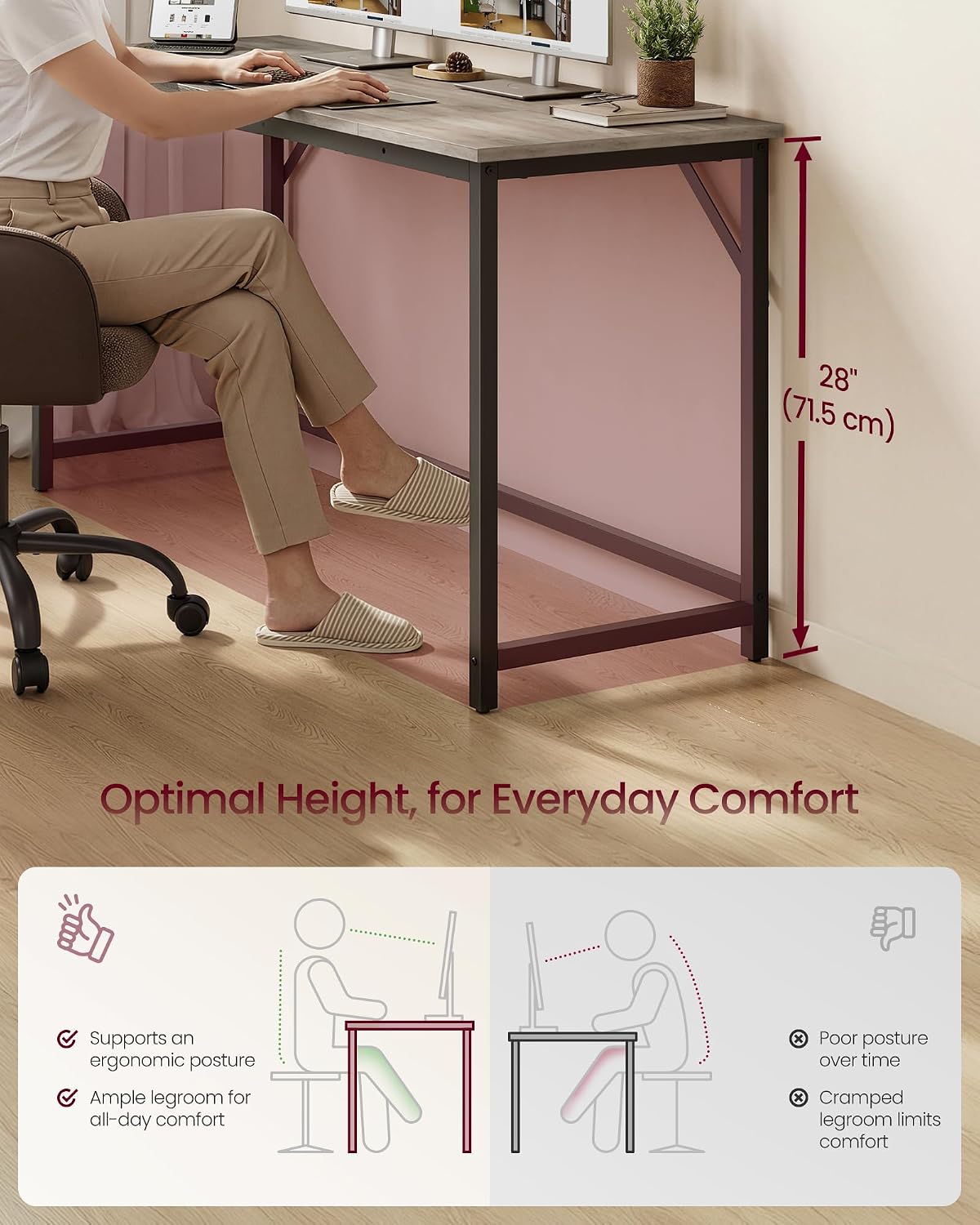Detalle de VASAGLE LWD214L101 Computer Desk, 140 x 50 x 76 cm with Adjustable Feet